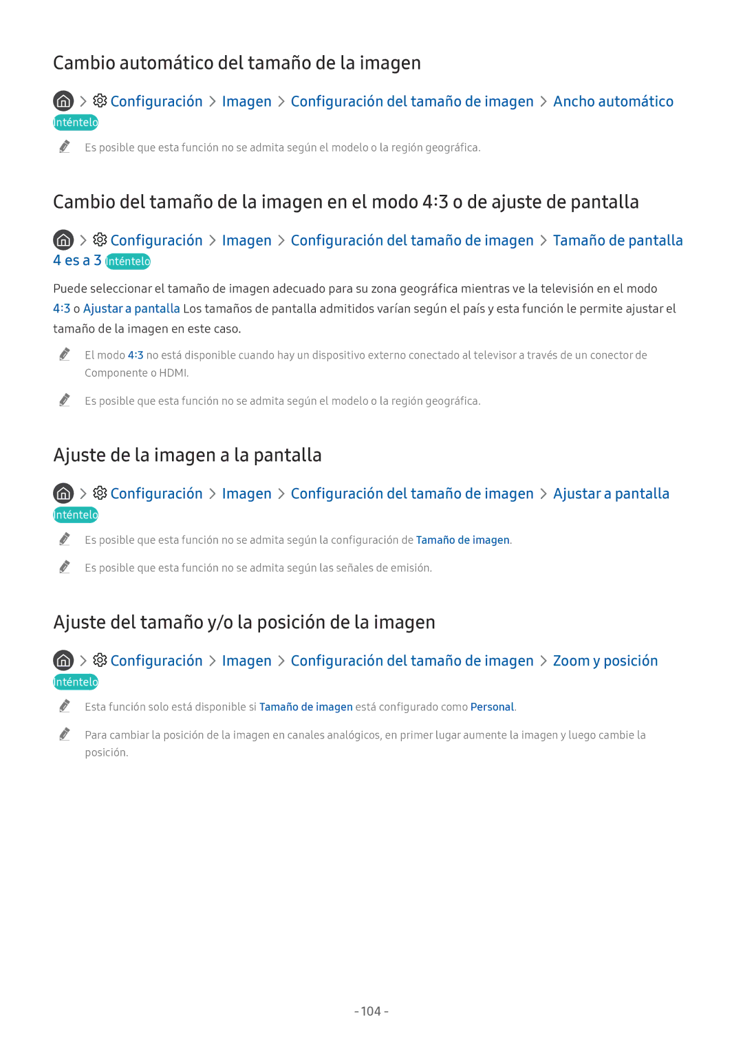 Samsung QE55Q8CNATXXC, UE49NU7105KXXC Cambio automático del tamaño de la imagen, Ajuste de la imagen a la pantalla, 104 