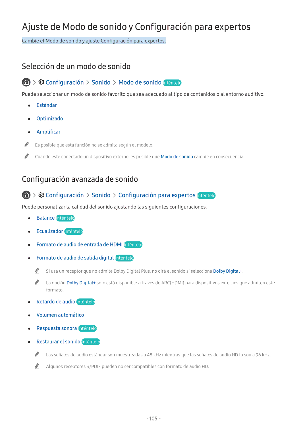 Samsung UE49NU7105KXXC manual Ajuste de Modo de sonido y Configuración para expertos, Selección de un modo de sonido 