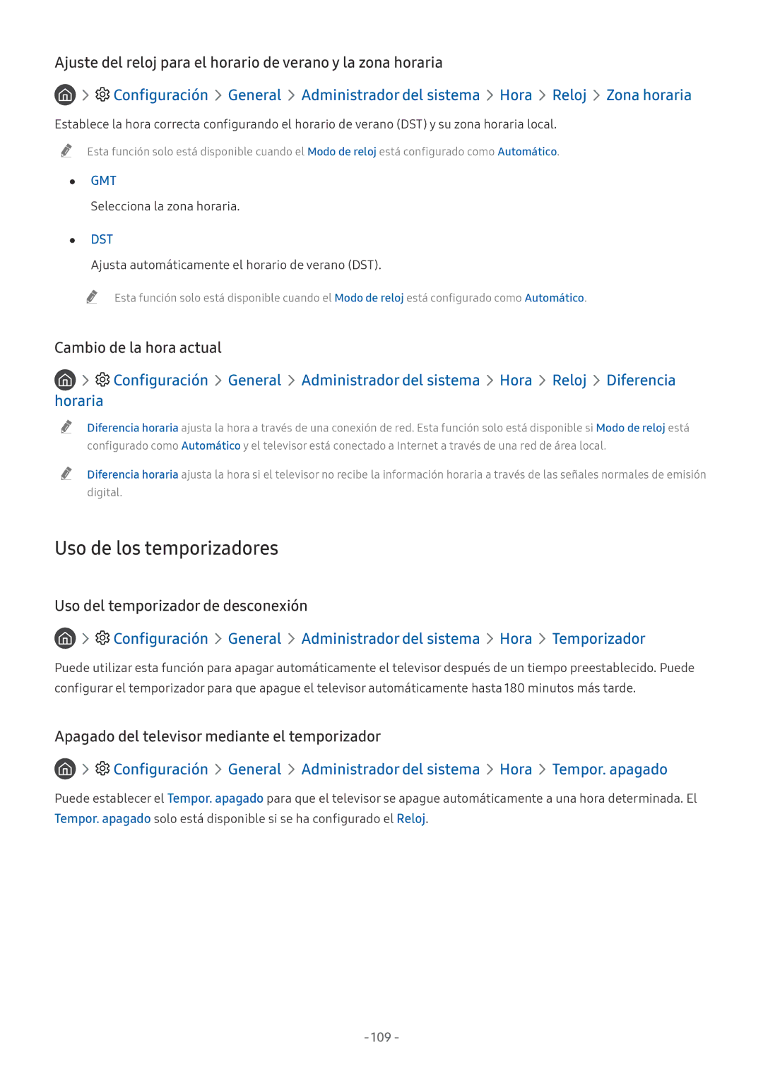 Samsung UE82NU8005TXXC manual Uso de los temporizadores, Cambio de la hora actual, Uso del temporizador de desconexión, 109 