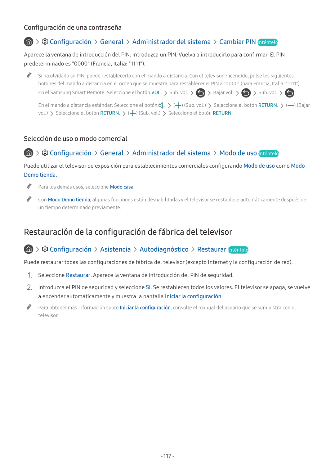 Samsung QE55Q9FNATXXC Restauración de la configuración de fábrica del televisor, Configuración de una contraseña, 117 