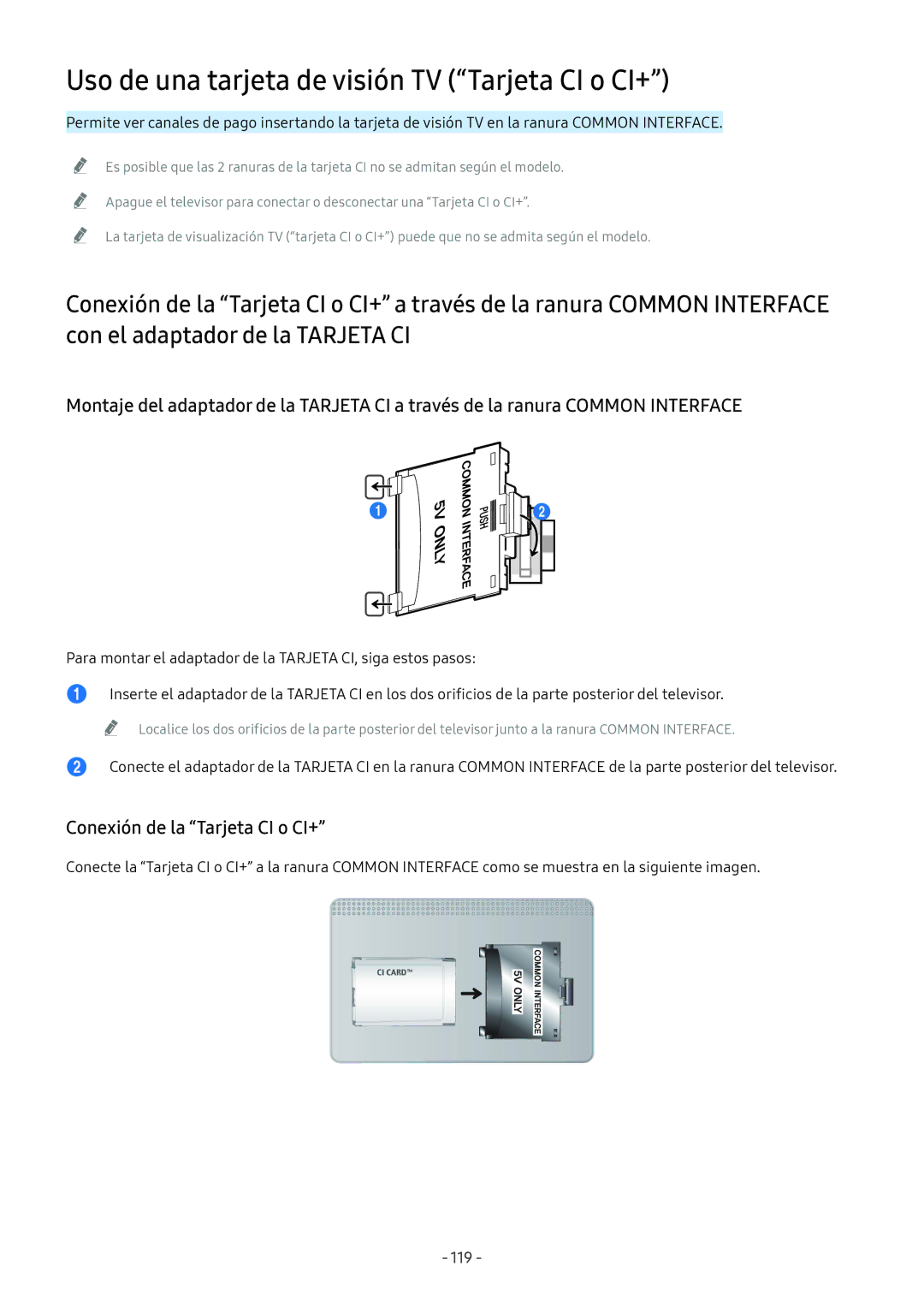 Samsung UE65NU7405UXXC manual Uso de una tarjeta de visión TV Tarjeta CI o CI+, Conexión de la Tarjeta CI o CI+, 119 