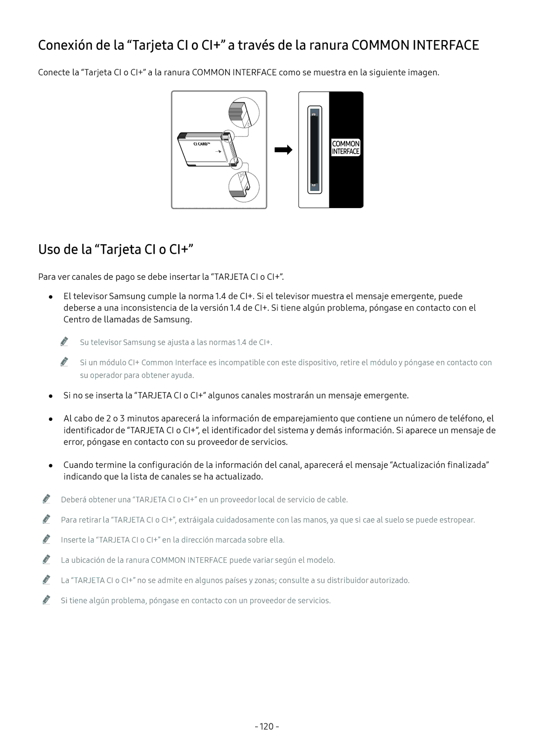 Samsung QE65Q9FNATXXC, QE55Q8CNATXXC, UE49NU7105KXXC, UE55NU8005TXXC, UE49NU8005TXXC manual Uso de la Tarjeta CI o CI+, 120 