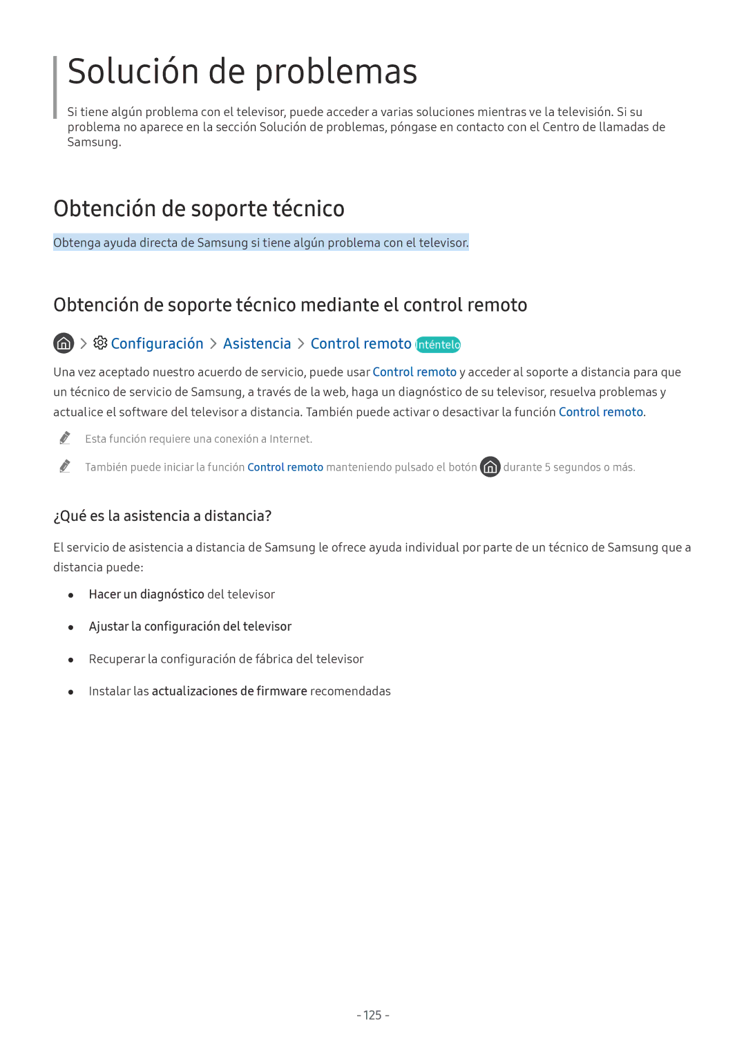 Samsung UE65NU8005TXXC, QE55Q8CNATXXC, UE49NU7105KXXC manual Obtención de soporte técnico mediante el control remoto, 125 