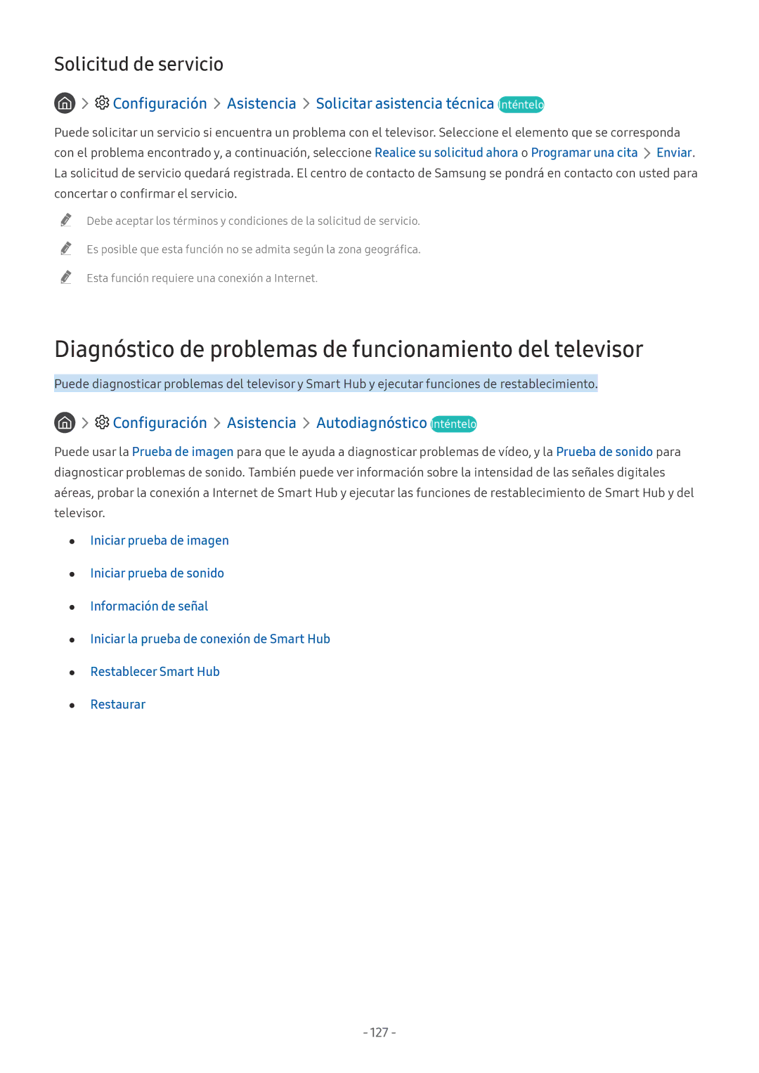 Samsung UE65NU7475UXXC, QE55Q8CNATXXC, UE49NU7105KXXC manual Diagnóstico de problemas de funcionamiento del televisor, 127 