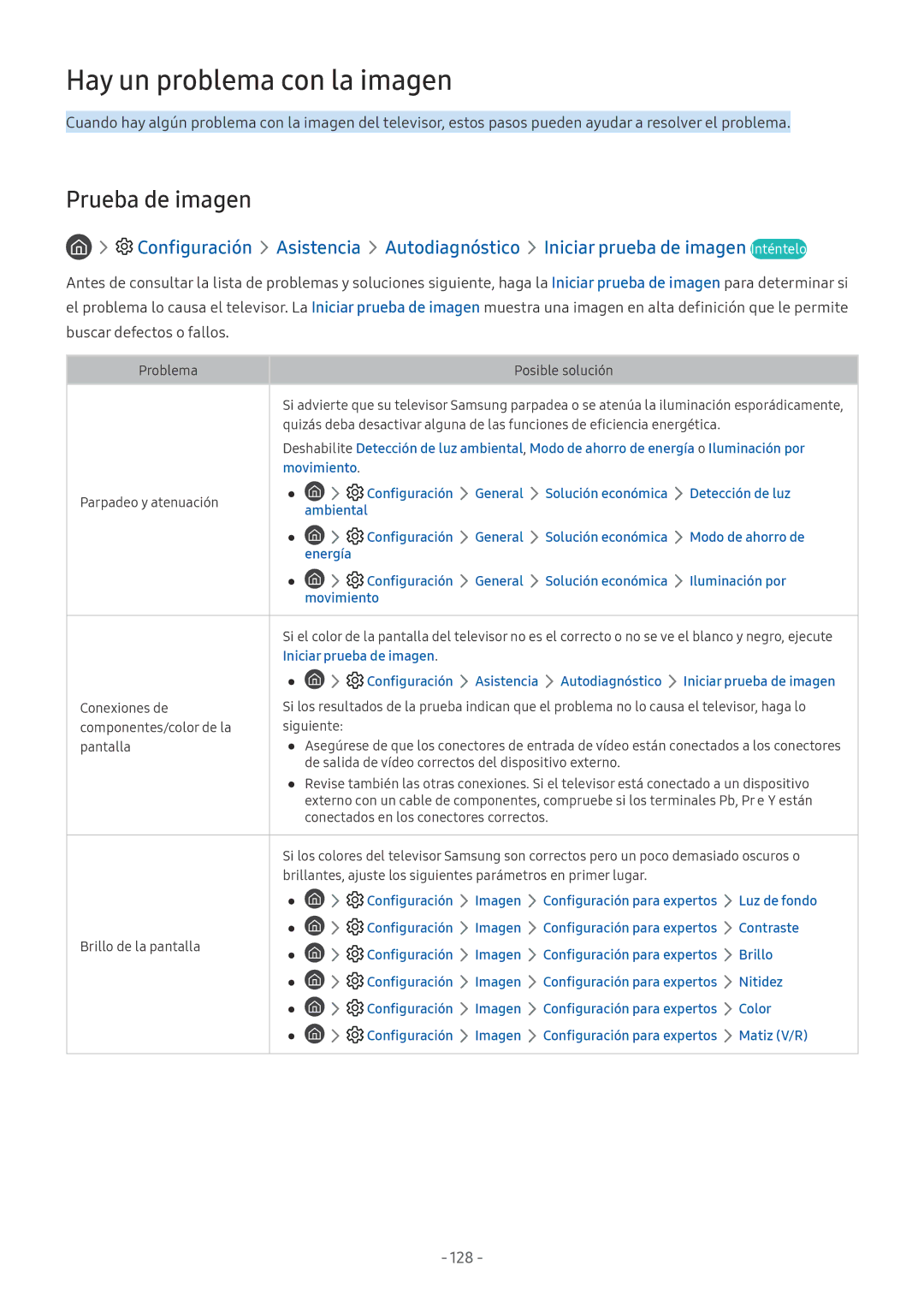 Samsung UE49NU8075TXXC, QE55Q8CNATXXC manual Hay un problema con la imagen, Prueba de imagen, 128, Problema Posible solución 