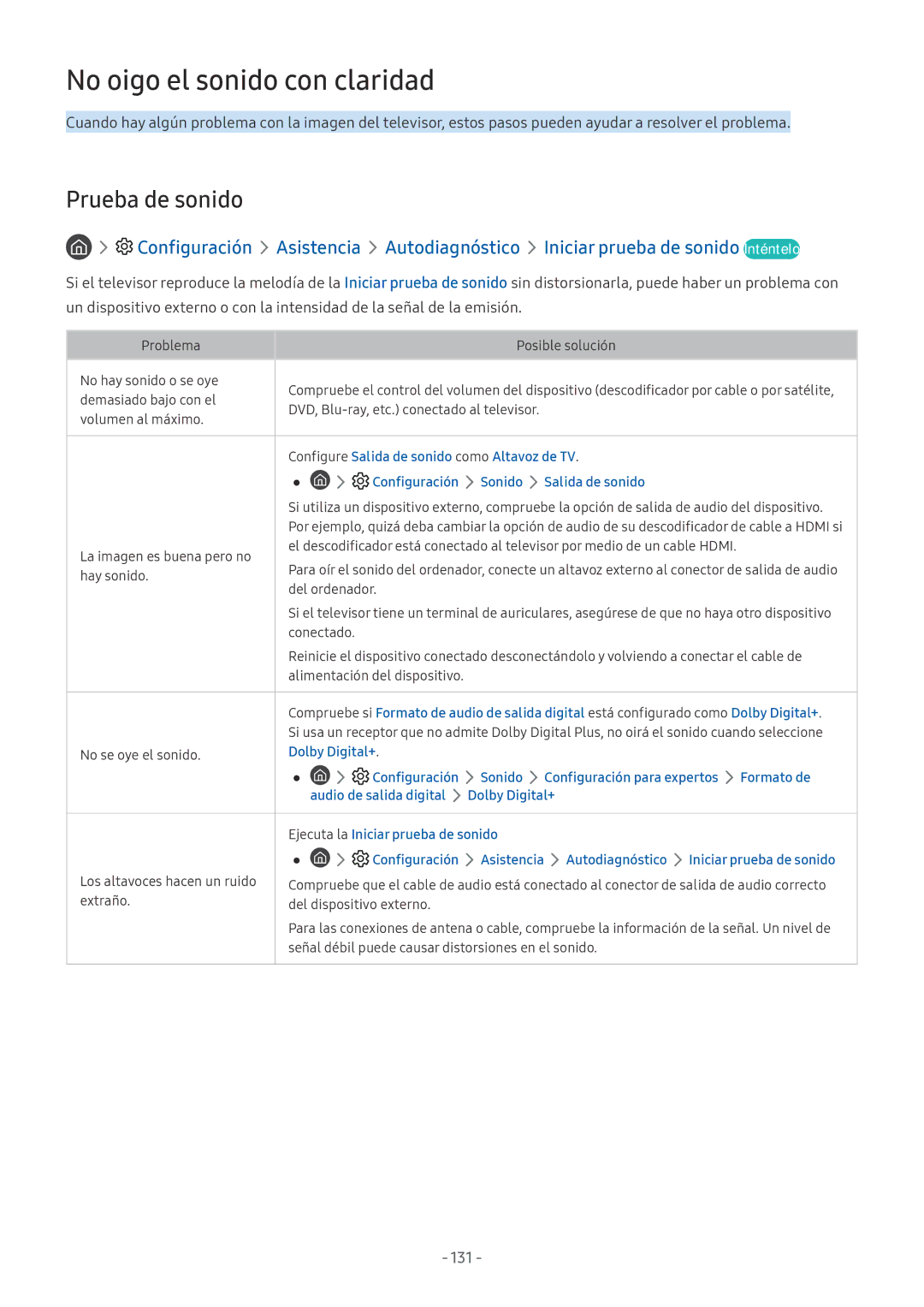 Samsung UE49NU7105KXXC No oigo el sonido con claridad, Prueba de sonido, 131, Autodiagnóstico Iniciar prueba de sonido 