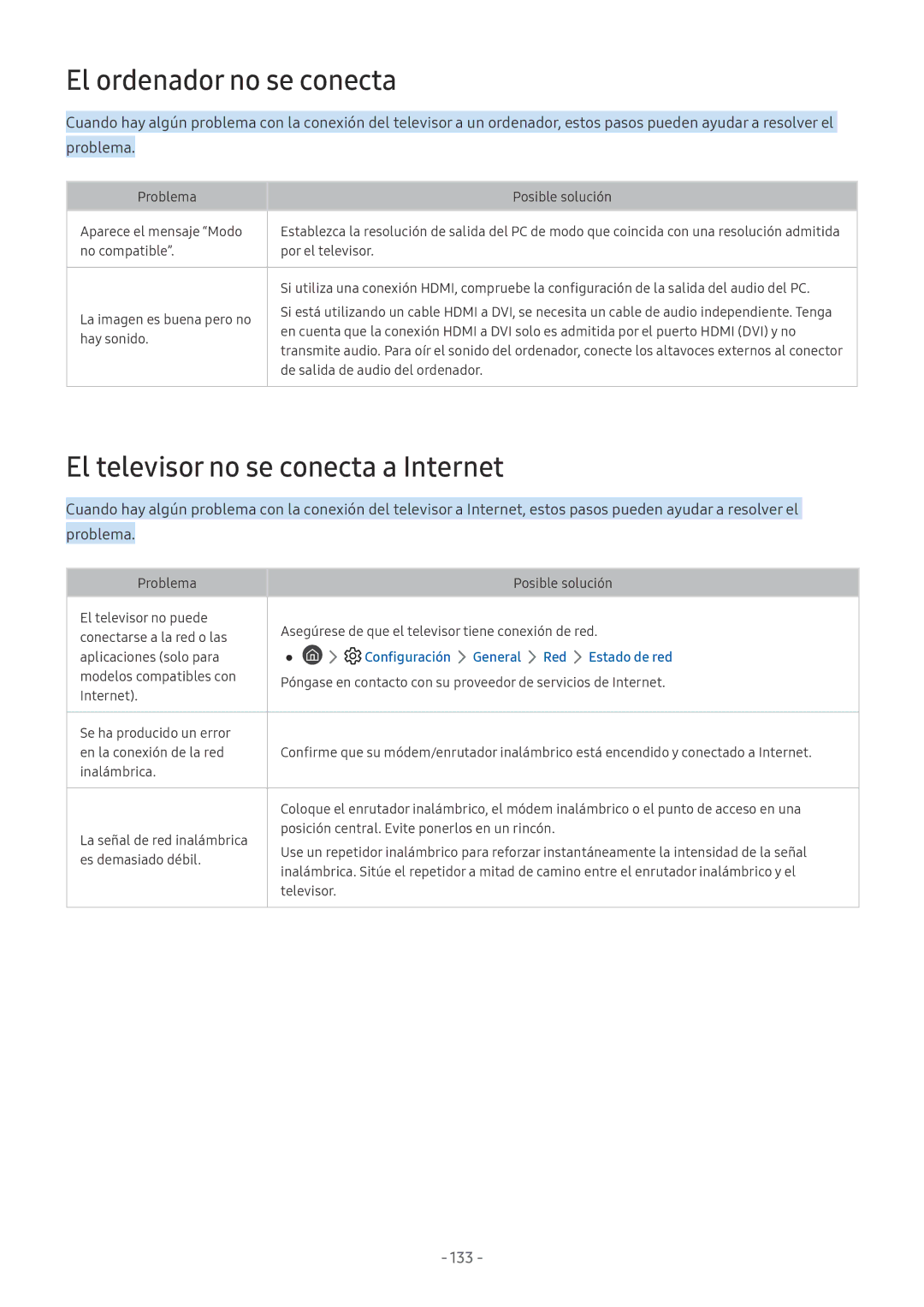 Samsung UE49NU8005TXXC, QE55Q8CNATXXC, QE75Q7FNATXXC El ordenador no se conecta, El televisor no se conecta a Internet, 133 