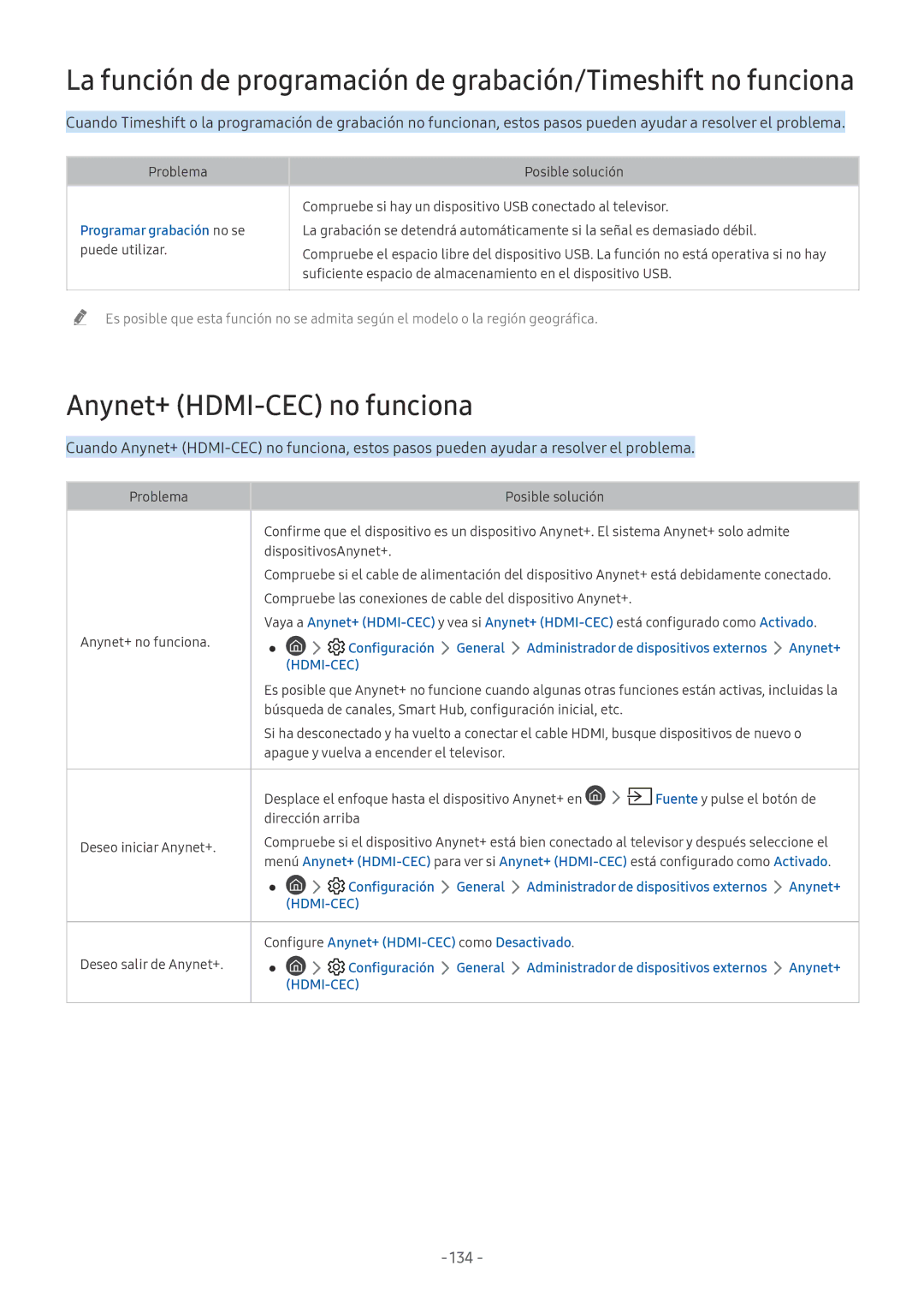 Samsung UE75NU8005TXXC Anynet+ HDMI-CEC no funciona, 134, Programar grabación no se puede utilizar, Anynet+ no funciona 