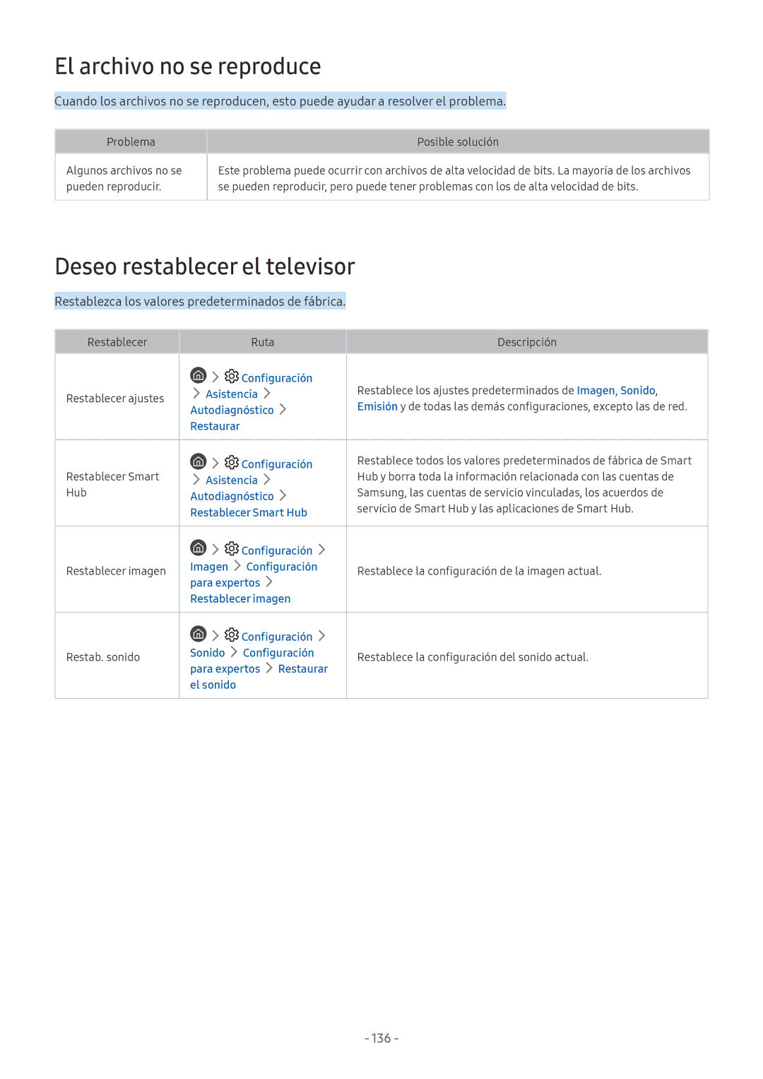 Samsung UE55NU7105KXXC, QE55Q8CNATXXC, UE49NU7105KXXC manual El archivo no se reproduce, Deseo restablecer el televisor, 136 