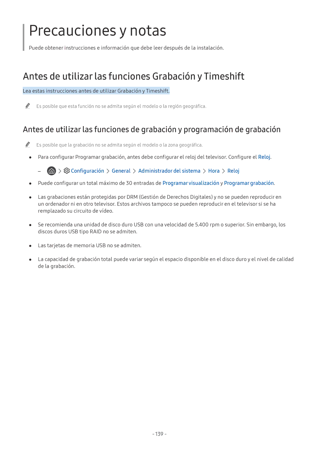 Samsung UE65NU7105KXXC, QE55Q8CNATXXC, UE49NU7105KXXC manual Antes de utilizar las funciones Grabación y Timeshift, 139 