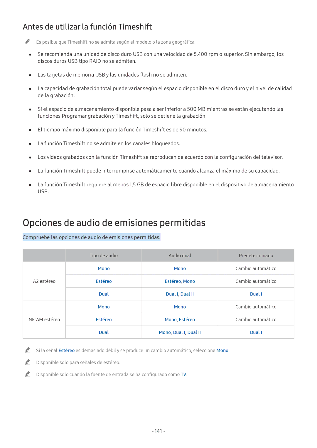 Samsung UE75NU7105KXXC manual Opciones de audio de emisiones permitidas, Antes de utilizar la función Timeshift, 141 