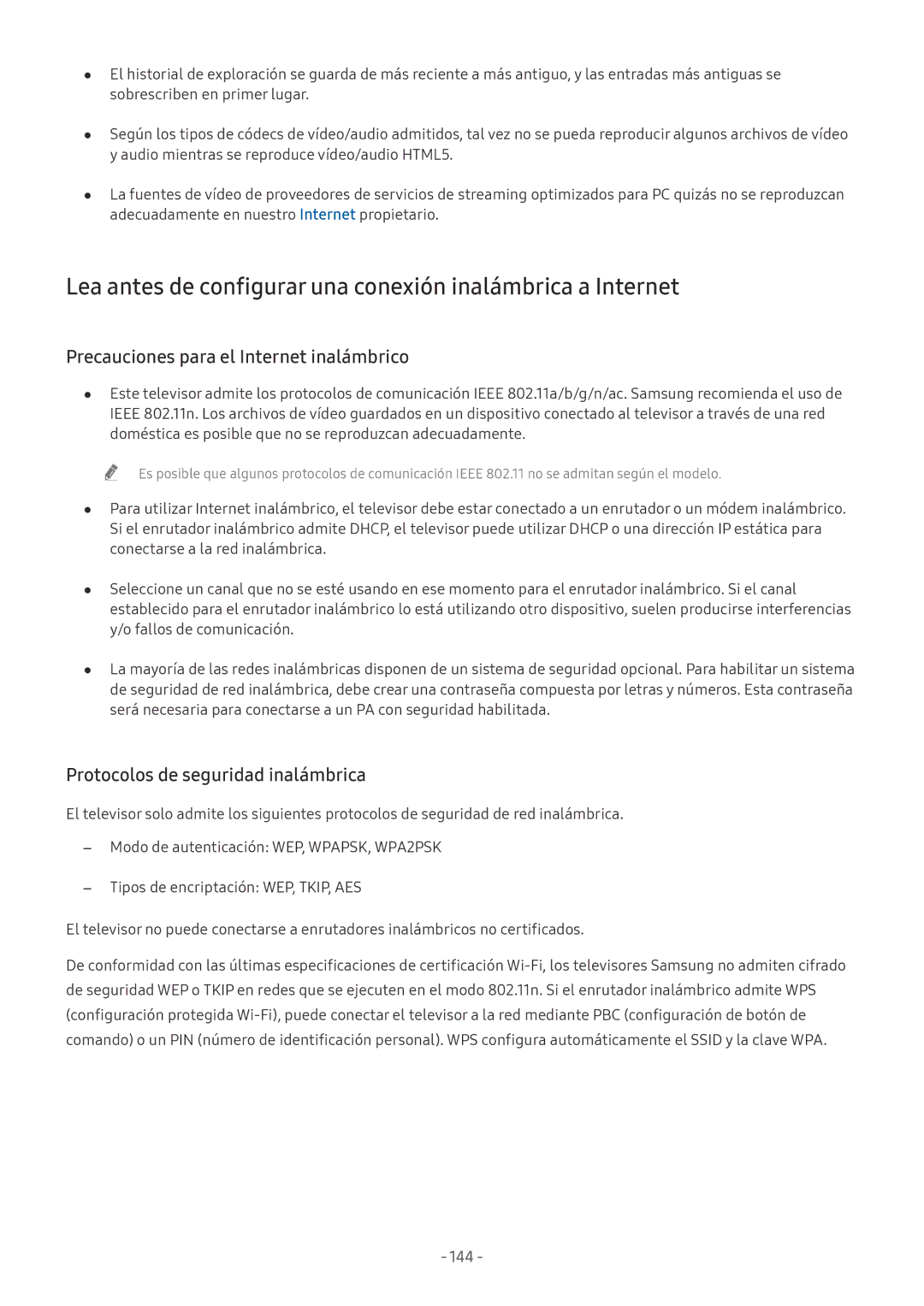 Samsung QE65Q7FNATXXC Lea antes de configurar una conexión inalámbrica a Internet, Protocolos de seguridad inalámbrica 