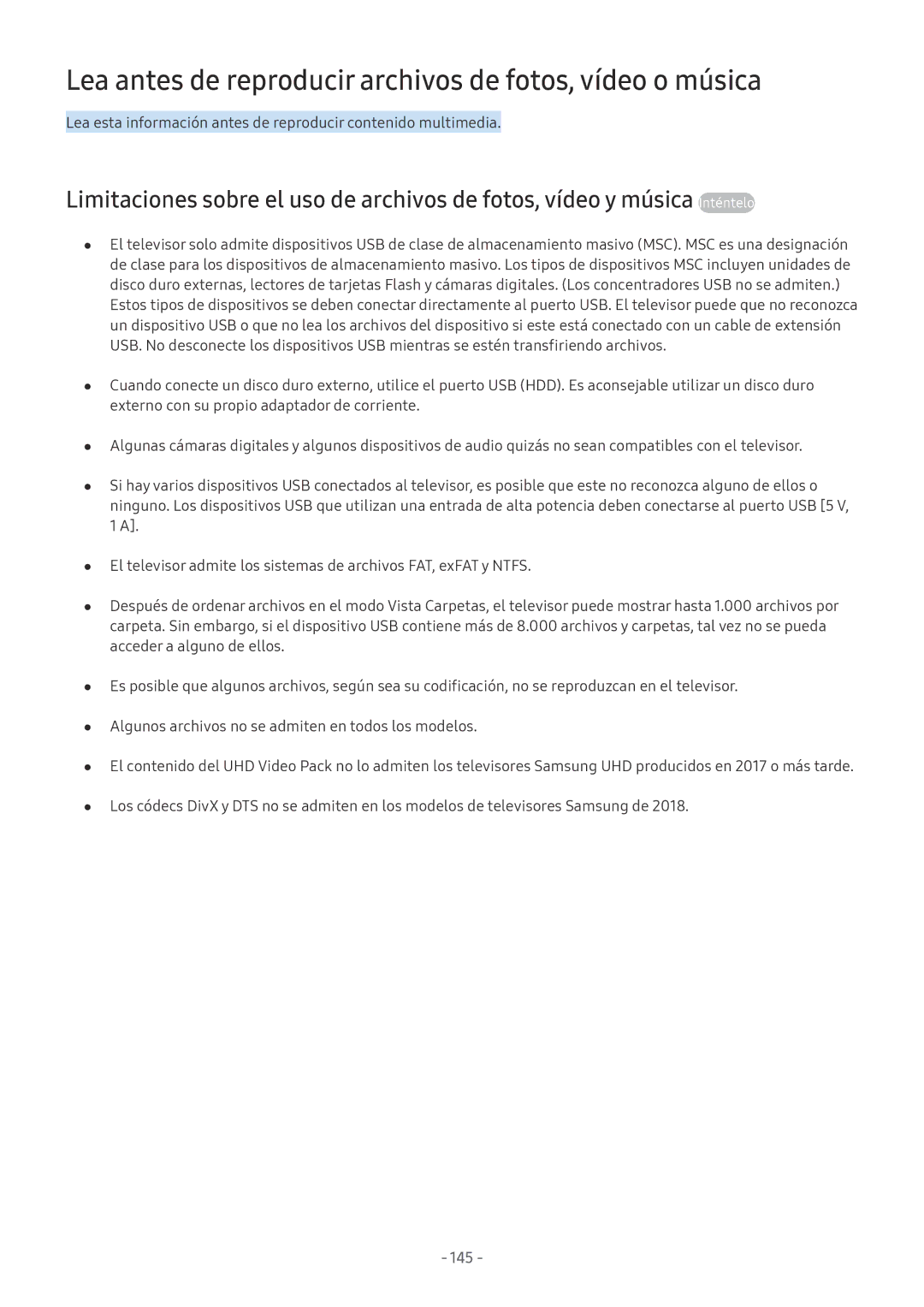 Samsung UE65NU7405UXXC, QE55Q8CNATXXC, UE49NU7105KXXC manual Lea antes de reproducir archivos de fotos, vídeo o música, 145 