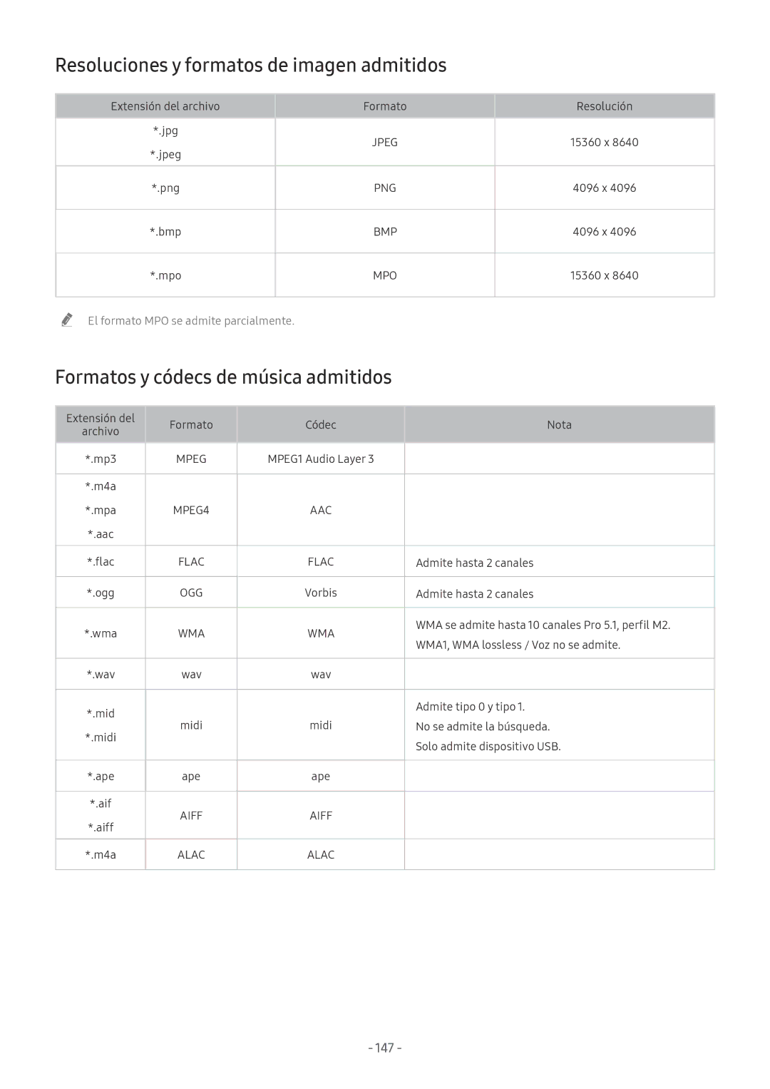 Samsung QE55Q7FNATXXC manual Resoluciones y formatos de imagen admitidos, Formatos y códecs de música admitidos, 147 