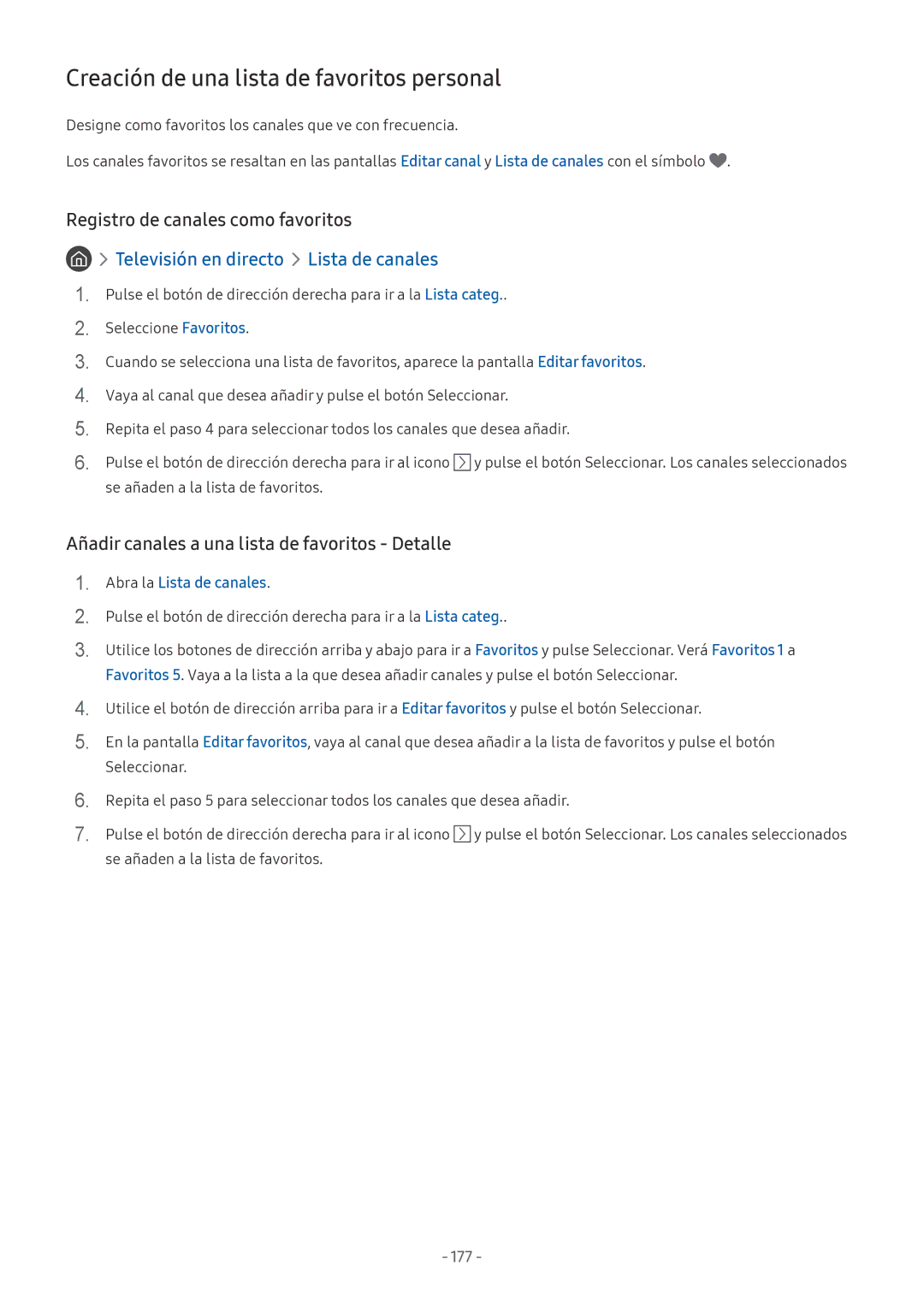 Samsung UE65NU8005TXXC, QE55Q8CNATXXC Creación de una lista de favoritos personal, Registro de canales como favoritos, 177 