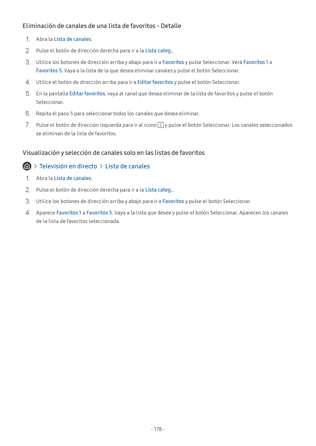 Samsung UE65NU8505TXXC, QE55Q8CNATXXC, UE49NU7105KXXC manual Eliminación de canales de una lista de favoritos Detalle, 178 
