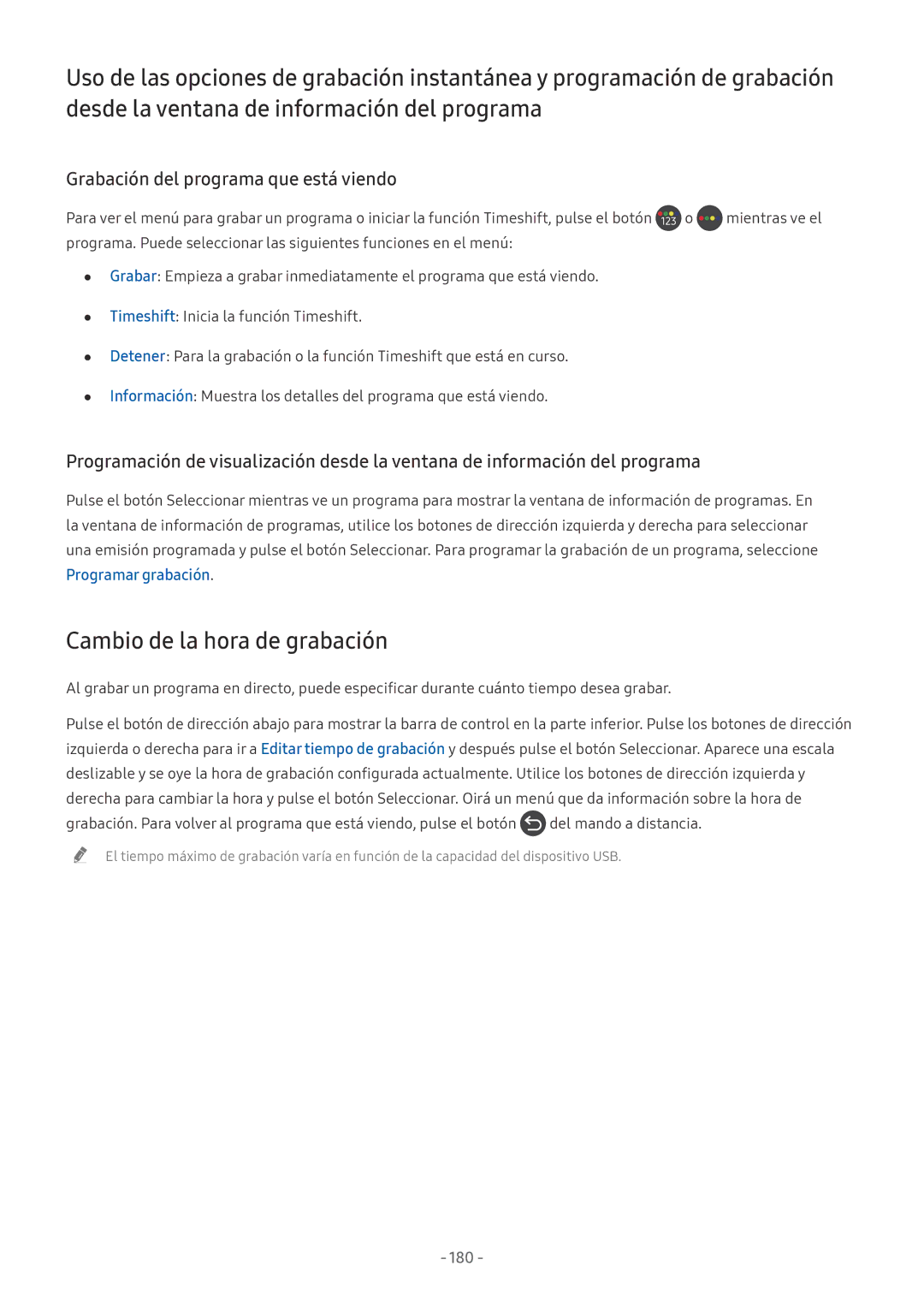 Samsung UE49NU8075TXXC, QE55Q8CNATXXC manual Cambio de la hora de grabación, Grabación del programa que está viendo, 180 