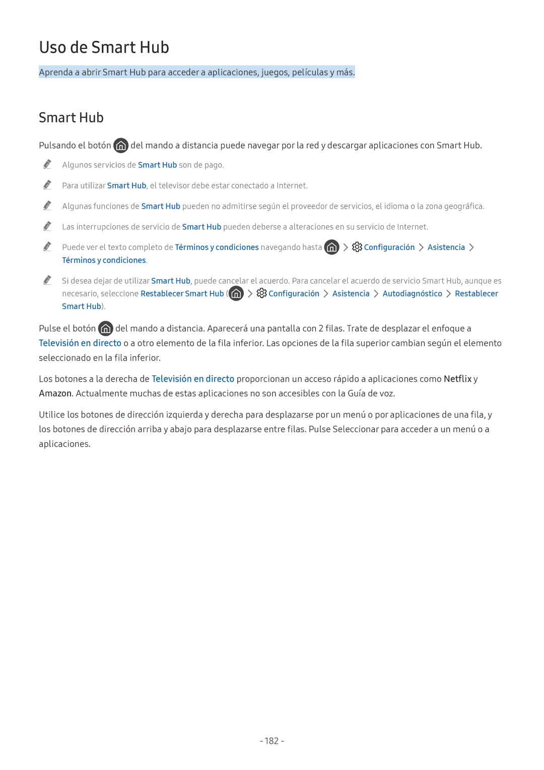 Samsung QE55Q8CNATXXC, UE49NU7105KXXC, UE55NU8005TXXC manual Smart Hub, 182, Configuración Asistencia, Términos y condiciones 