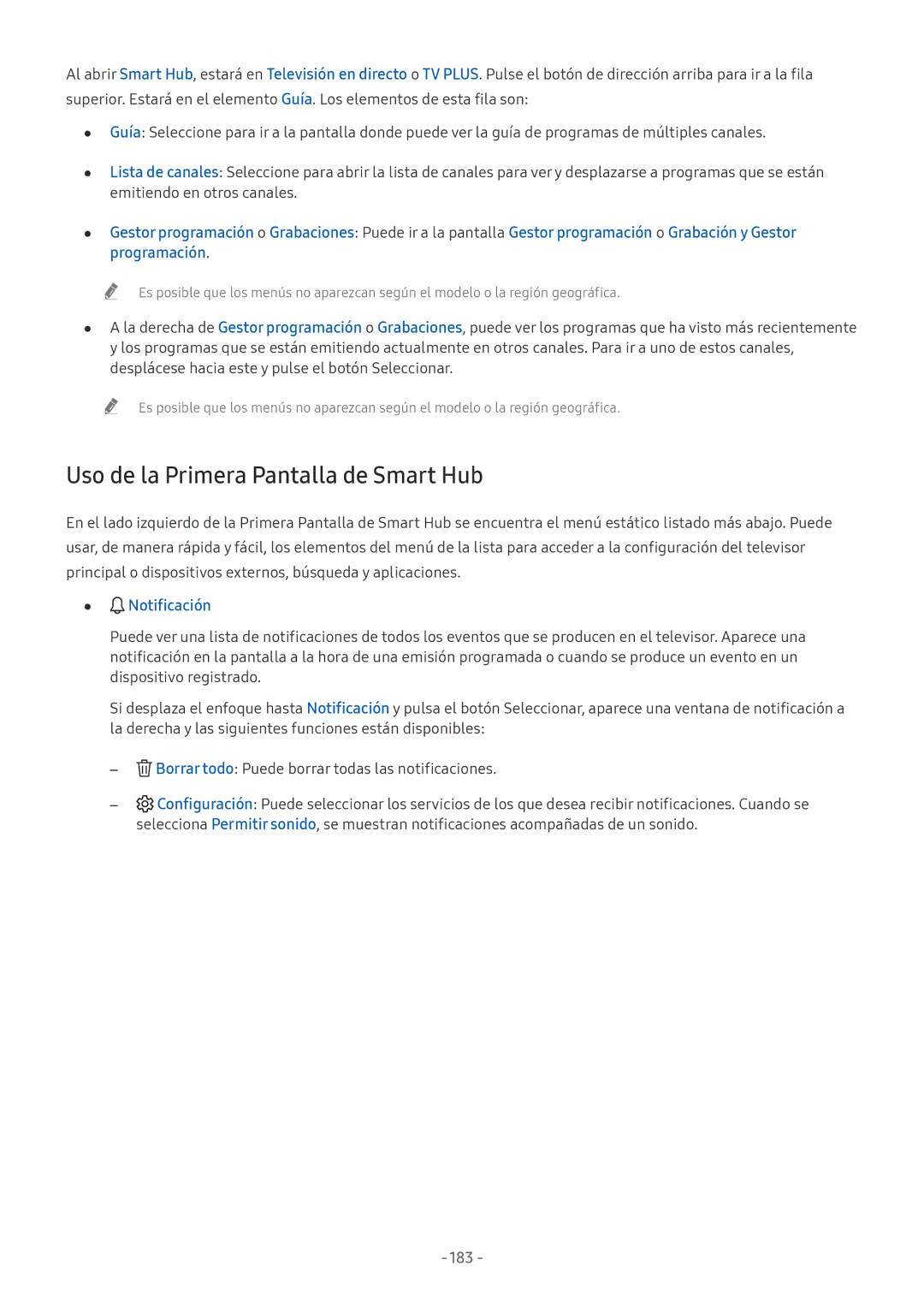 Samsung UE49NU7105KXXC, QE55Q8CNATXXC, UE55NU8005TXXC manual Uso de la Primera Pantalla de Smart Hub, Notificación, 183 