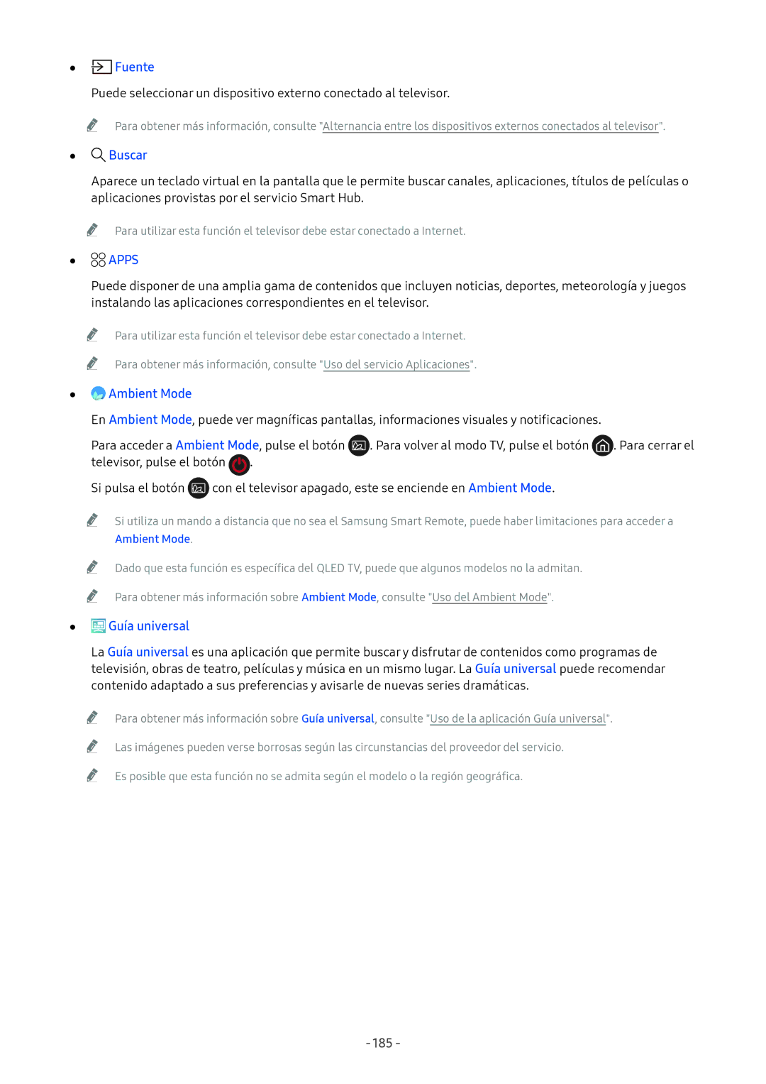Samsung UE49NU8005TXXC, QE55Q8CNATXXC, UE49NU7105KXXC, UE55NU8005TXXC manual Fuente, Buscar, Apps, Guía universal, 185 
