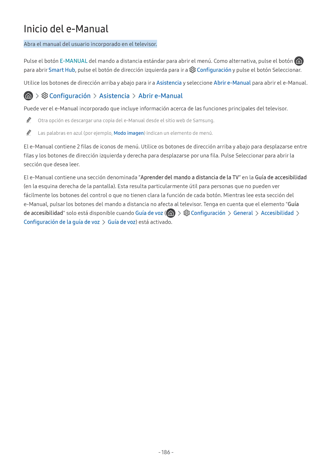 Samsung UE75NU8005TXXC, QE55Q8CNATXXC, UE49NU7105KXXC manual Inicio del e-Manual, Configuración General Accesibilidad, 186 