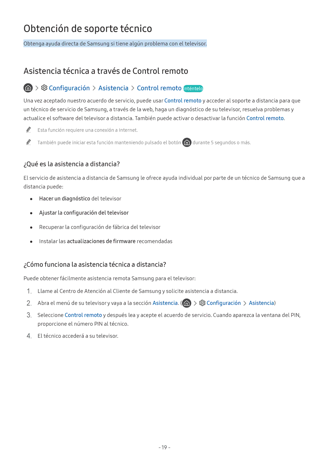 Samsung UE65NU8075TXXC, QE55Q8CNATXXC manual Obtención de soporte técnico, Asistencia técnica a través de Control remoto 