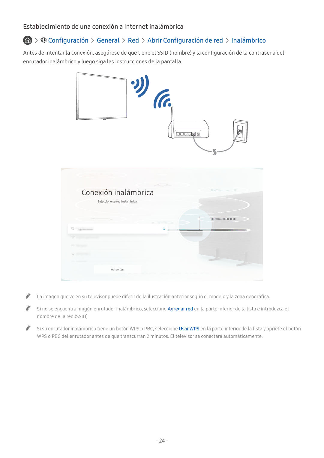 Samsung UE49NU8075TXXC, QE55Q8CNATXXC manual Conexión inalámbrica, Establecimiento de una conexión a Internet inalámbrica 