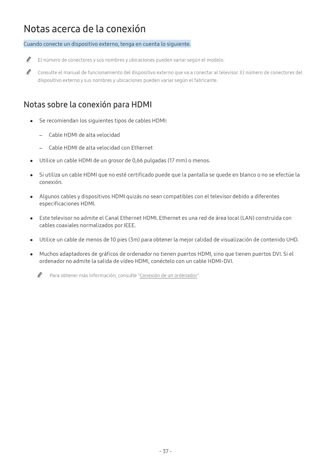 Samsung UE75NU7105KXXC, QE55Q8CNATXXC, UE49NU7105KXXC manual Notas acerca de la conexión, Notas sobre la conexión para Hdmi 