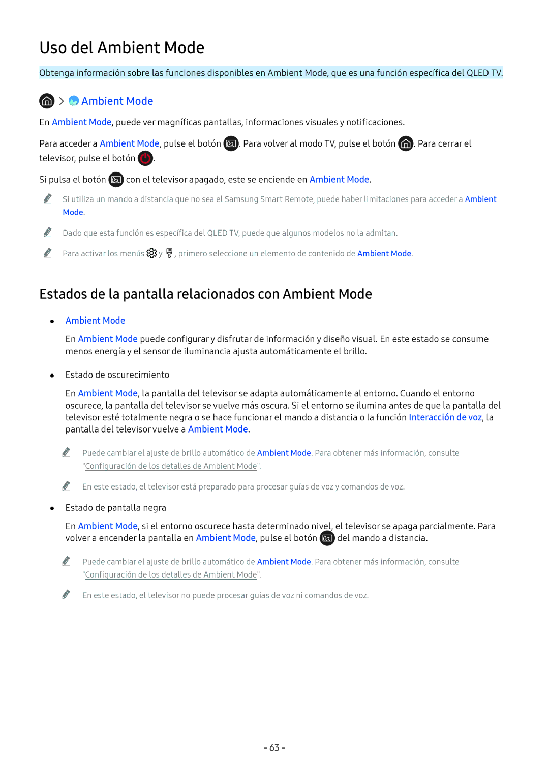 Samsung UE75NU7105KXXC, QE55Q8CNATXXC, UE49NU7105KXXC, UE55NU8005TXXC, UE49NU8005TXXC, UE75NU8005TXXC Uso del Ambient Mode 