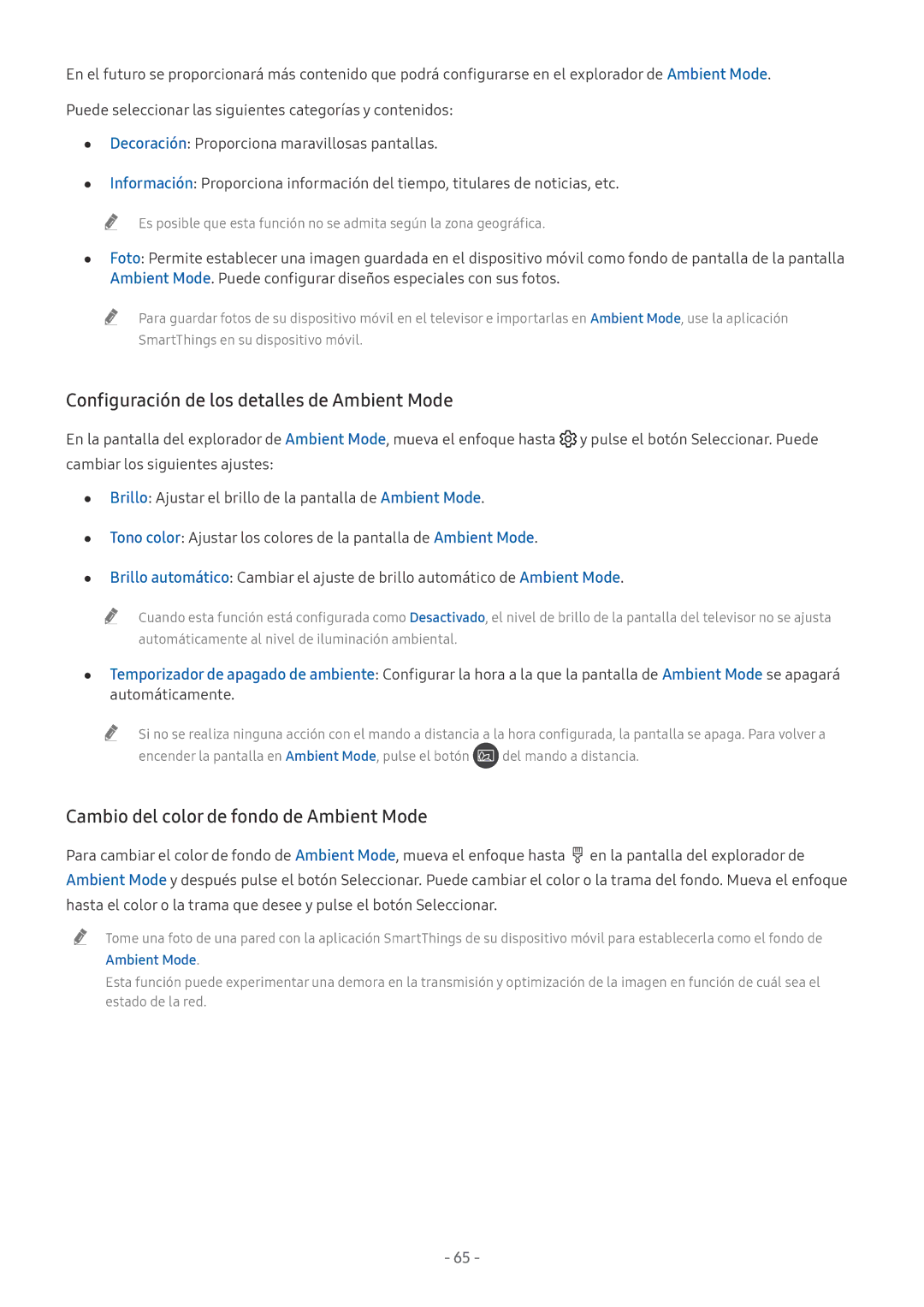 Samsung QE55Q9FNATXXC, QE55Q8CNATXXC, UE49NU7105KXXC, UE55NU8005TXXC manual Configuración de los detalles de Ambient Mode 