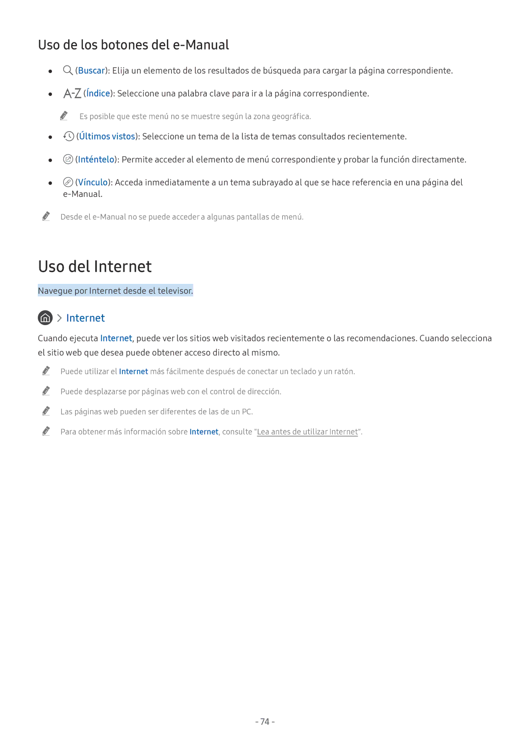 Samsung UE65NU8505TXXC manual Uso del Internet, Uso de los botones del e-Manual, Navegue por Internet desde el televisor 
