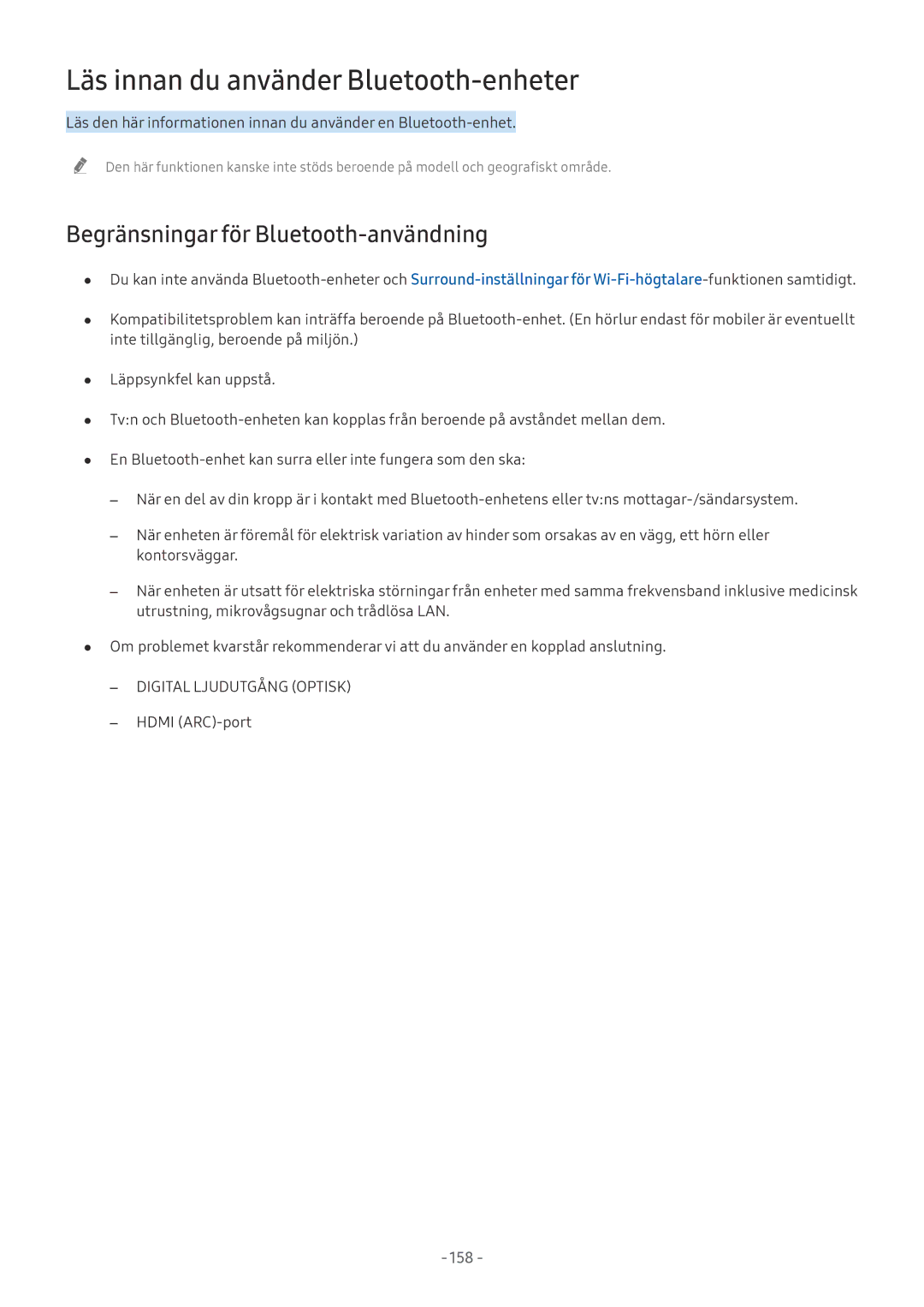 Samsung QE75Q7FNATXXC, QE55Q8CNATXXC Läs innan du använder Bluetooth-enheter, Begränsningar för Bluetooth-användning, 158 