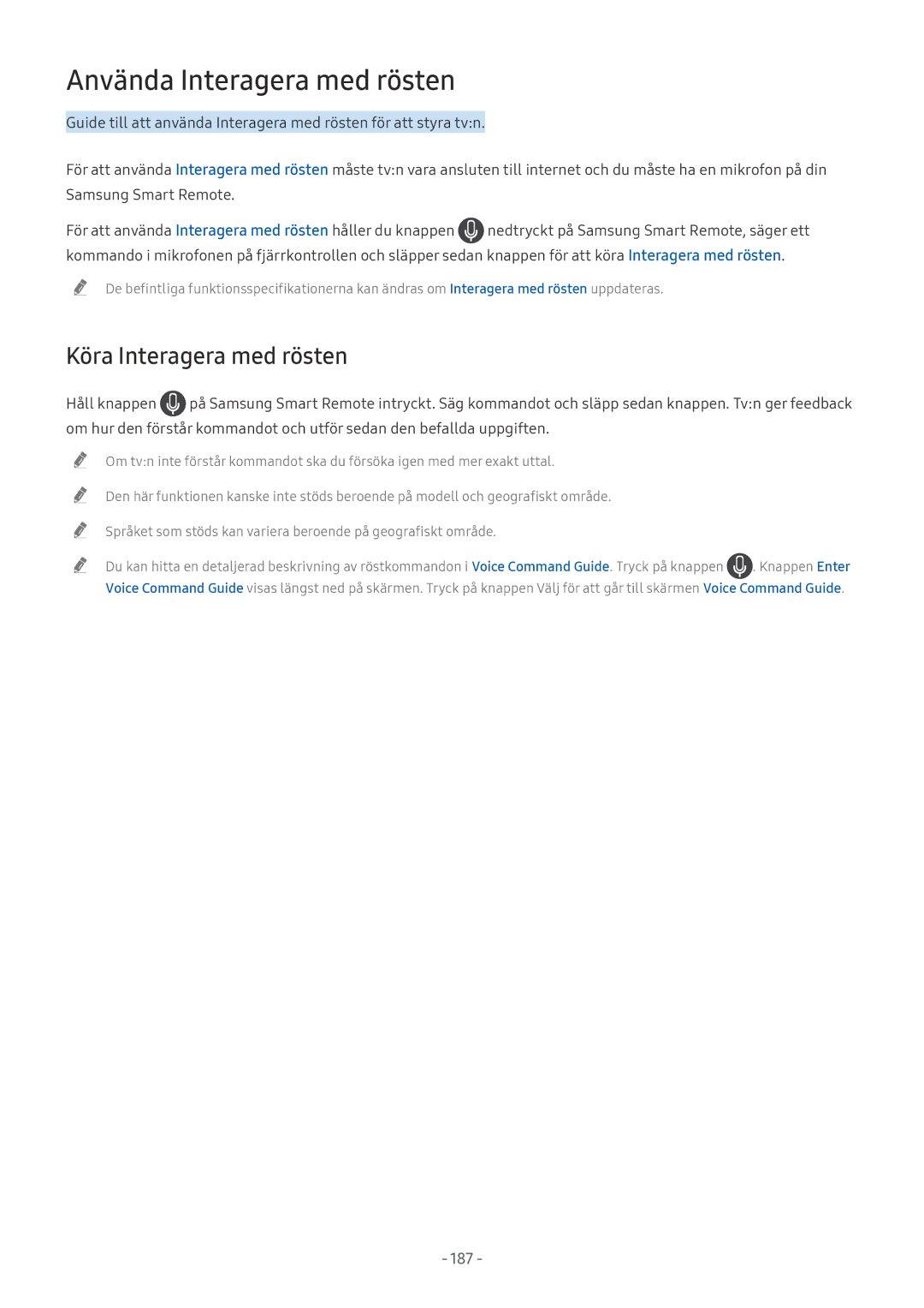 Samsung UE55NU8005TXXC, QE55Q8CNATXXC, UE49NU7105KXXC, UE49NU8005TXXC, QE65Q6FAMTXXC manual Använda Interagera med rösten, 187 