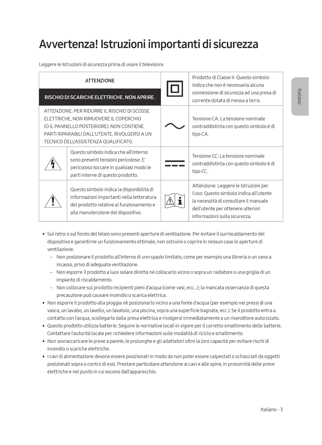 Samsung QE65Q8FAMTXXH, QE55Q8FAMTXZG, QE55Q8FAMTXXC, QE65Q8FAMTXZT manual Avvertenza! Istruzioni importanti di sicurezza 