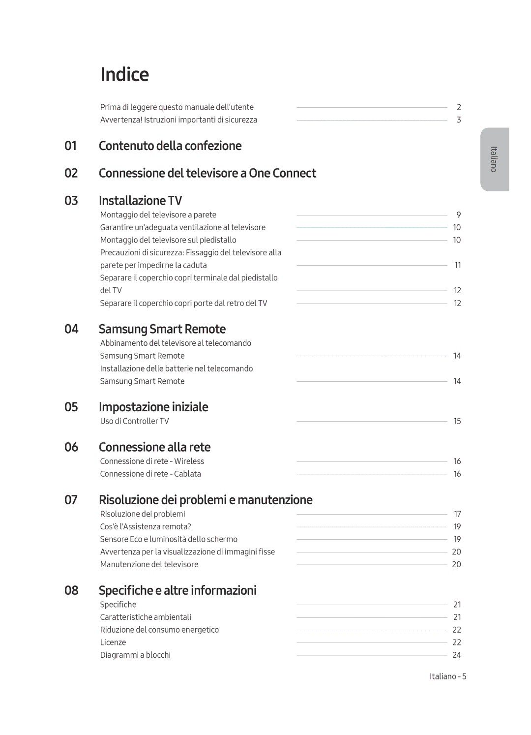 Samsung QE55Q8FAMTXXU manual Indice, Impostazione iniziale, Connessione alla rete, Risoluzione dei problemi e manutenzione 