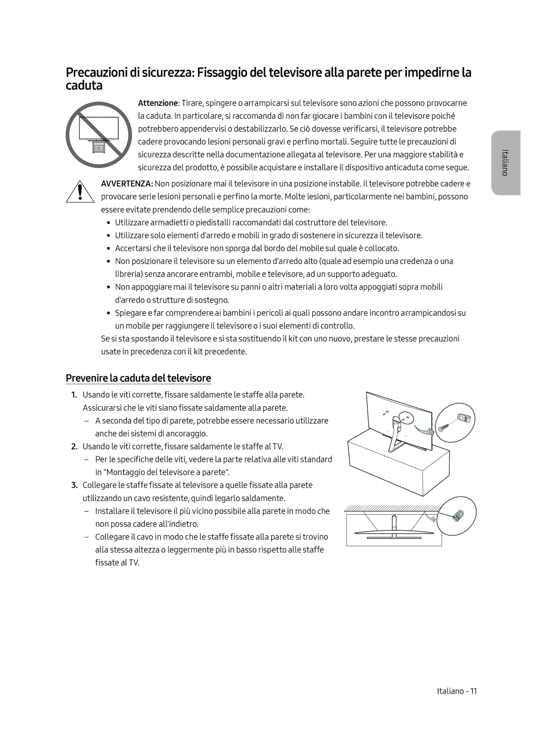 Samsung QE55Q8FAMTXXH, QE55Q8FAMTXZG, QE55Q8FAMTXXC, QE65Q8FAMTXZT, QE55Q8FAMTXZT manual Prevenire la caduta del televisore 