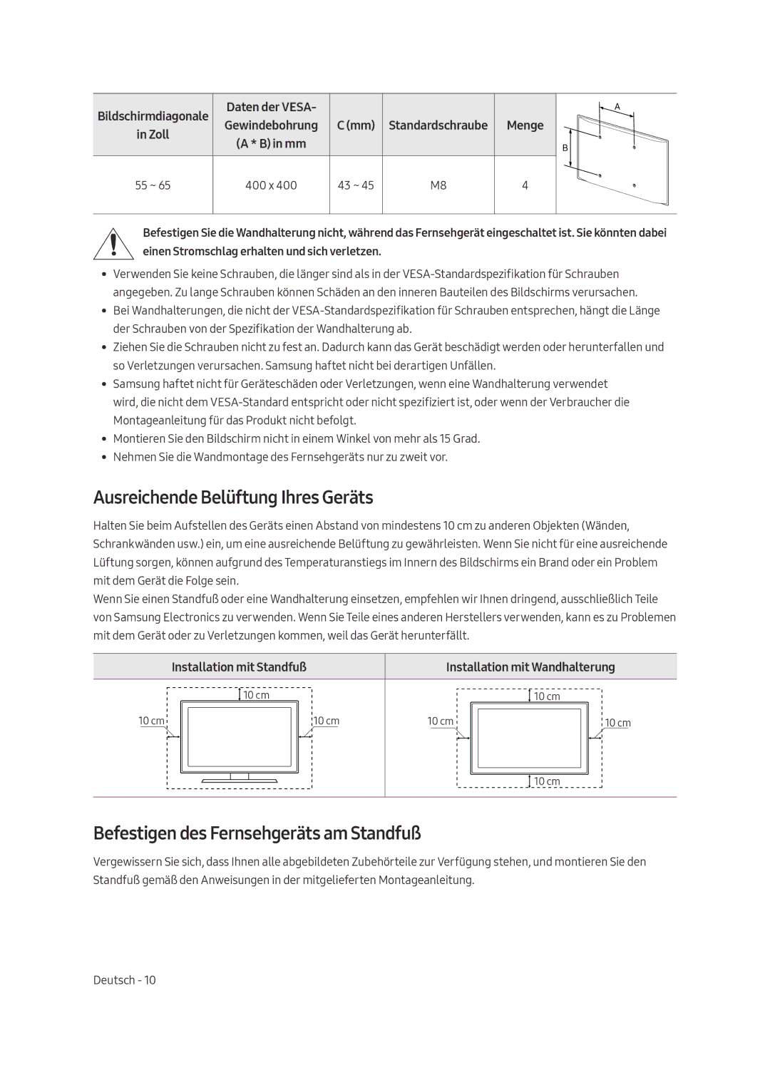 Samsung QE55Q8FAMTXZG, QE55Q8FAMTXXC manual Ausreichende Belüftung Ihres Geräts, Befestigen des Fernsehgeräts am Standfuß 