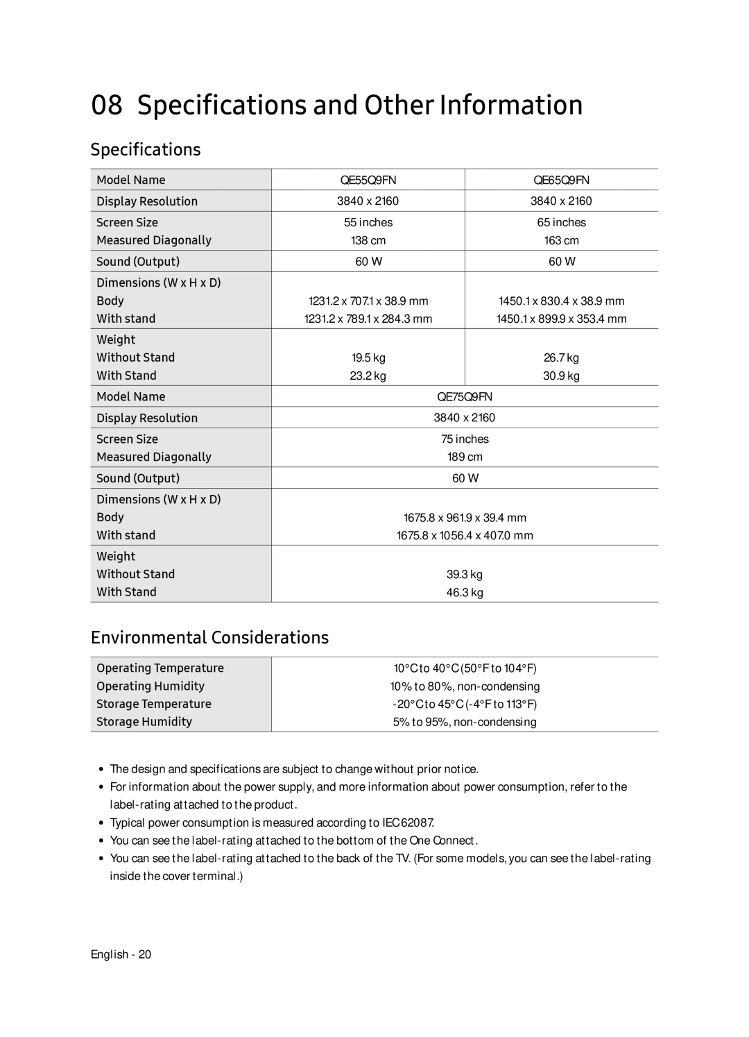 Samsung QE55Q9FNATXXH, QE65Q9FNATXXH manual Specifications and Other Information, Environmental Considerations 