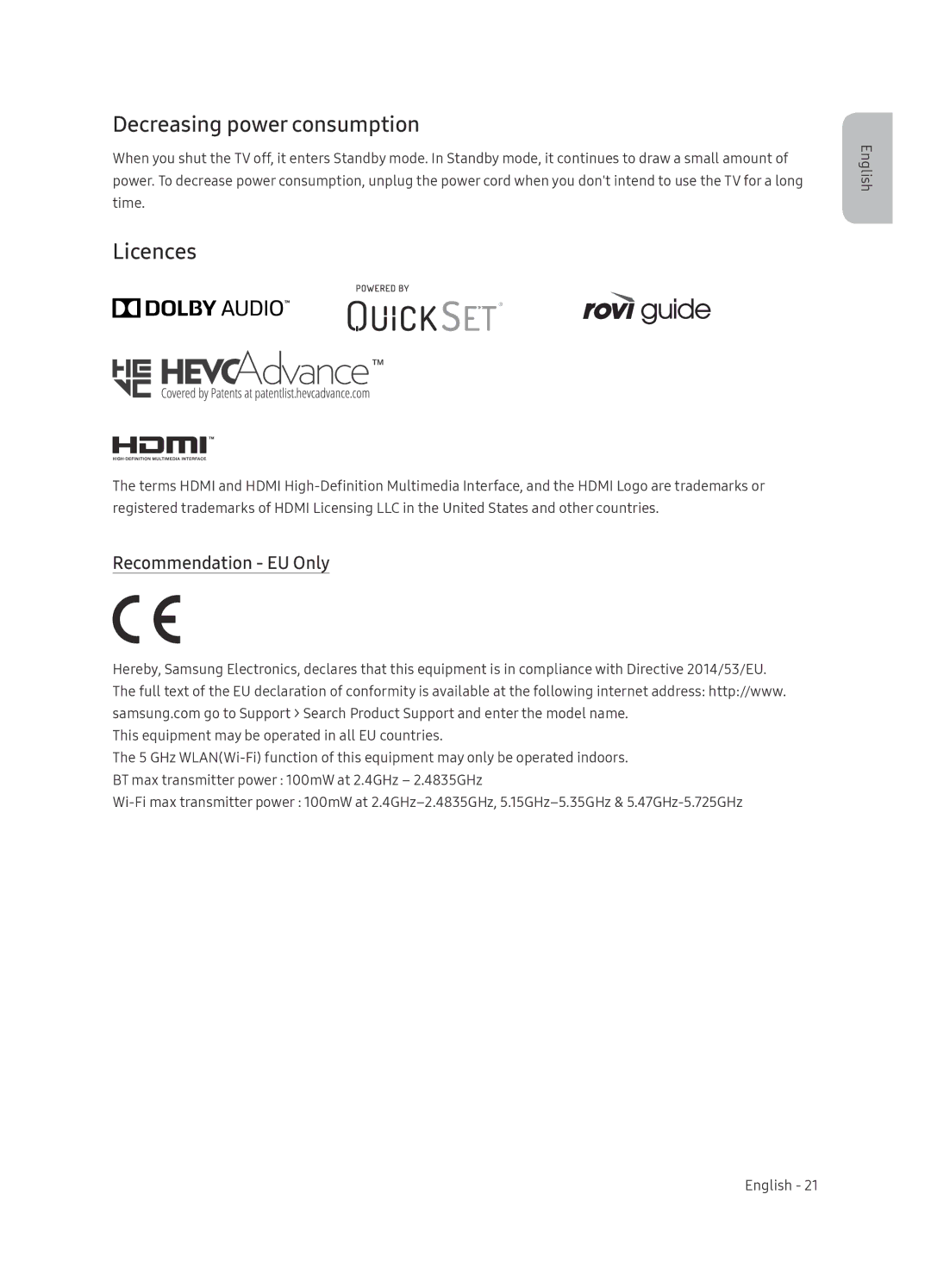 Samsung QE65Q9FNATXXH, QE55Q9FNATXXH manual Decreasing power consumption, Licences, Recommendation EU Only 