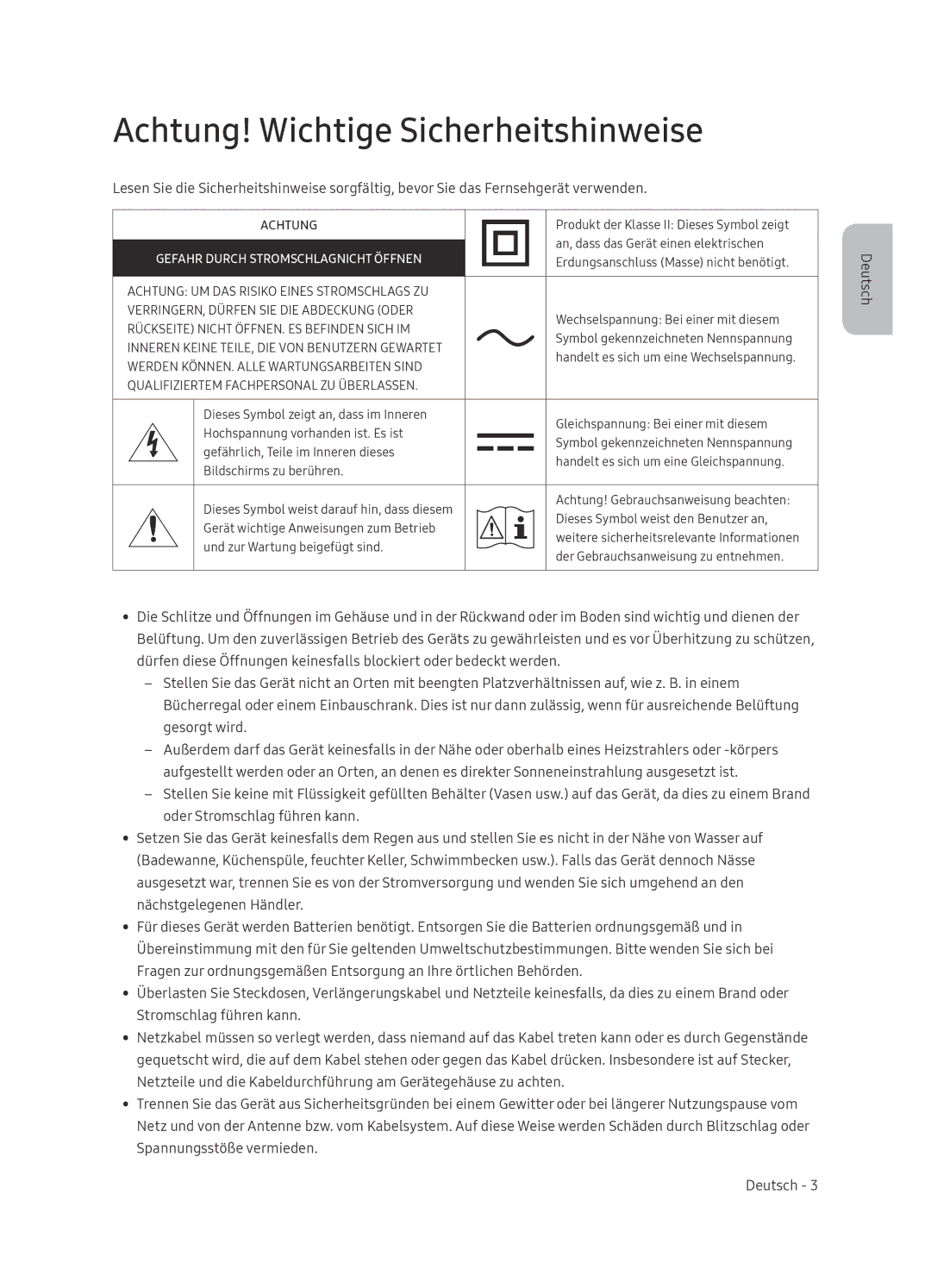 Samsung QE65Q9FNATXXH, QE55Q9FNATXXH manual Achtung! Wichtige Sicherheitshinweise, Gefahr Durch Stromschlagnicht Öffnen 