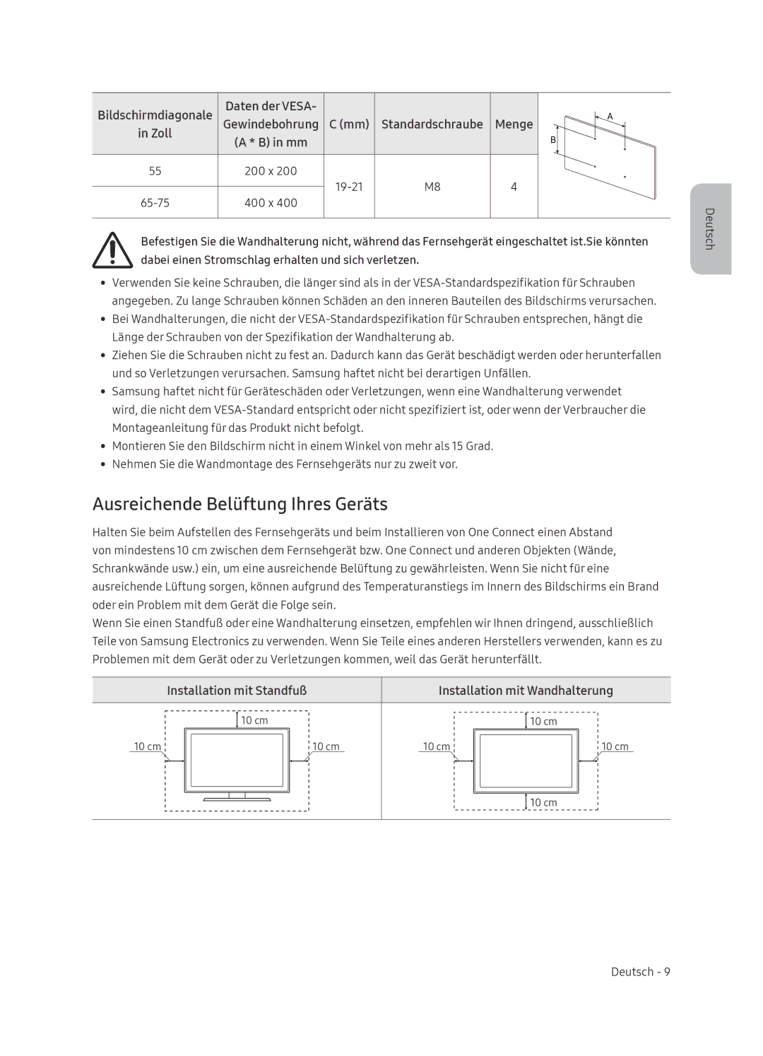 Samsung QE65Q9FNATXXH, QE55Q9FNATXXH manual Ausreichende Belüftung Ihres Geräts, Daten der Vesa Gewindebohrung, Menge Zoll 