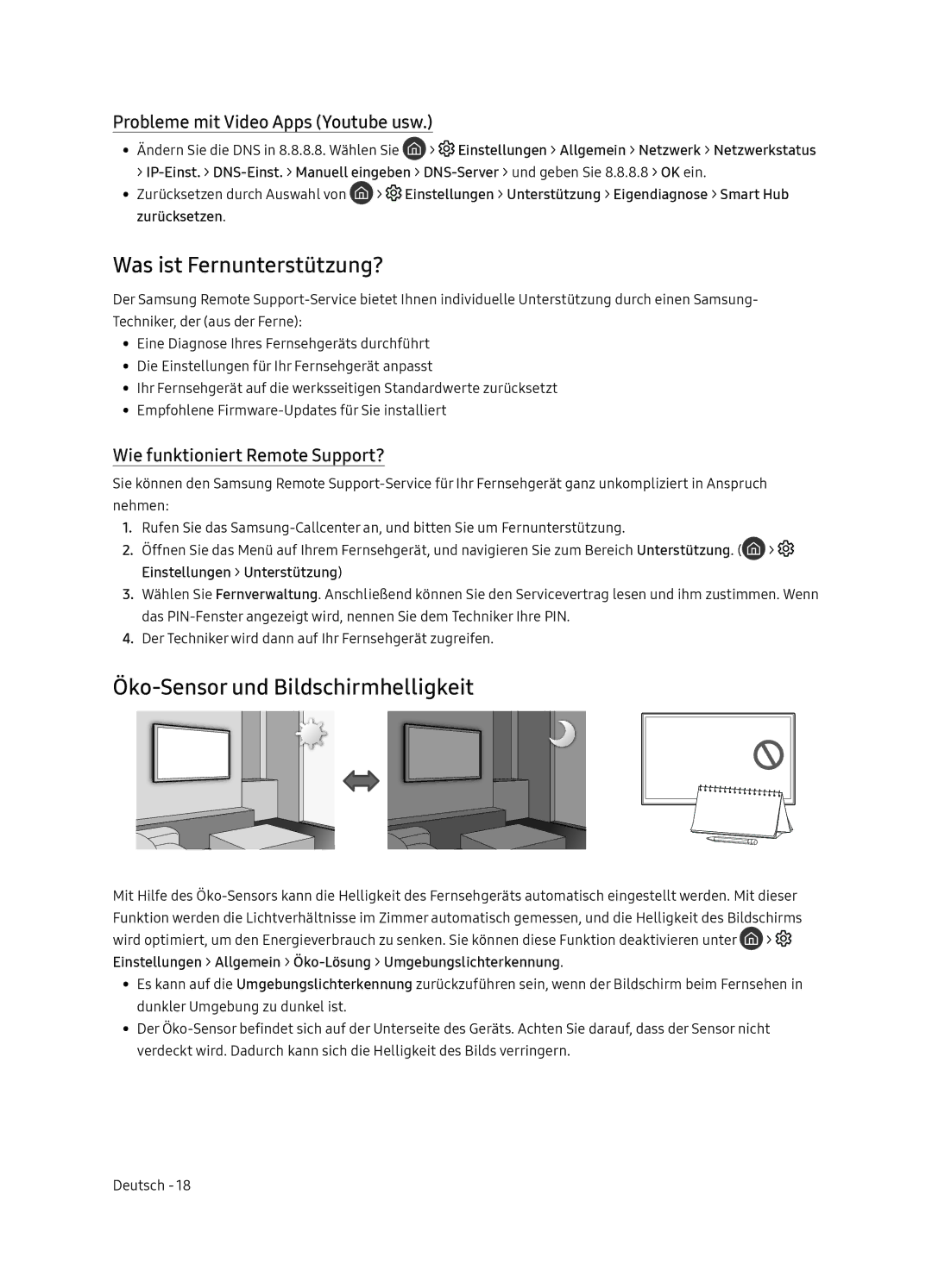 Samsung QE55Q9FNATXXH Was ist Fernunterstützung?, Öko-Sensor und Bildschirmhelligkeit, Probleme mit Video Apps Youtube usw 