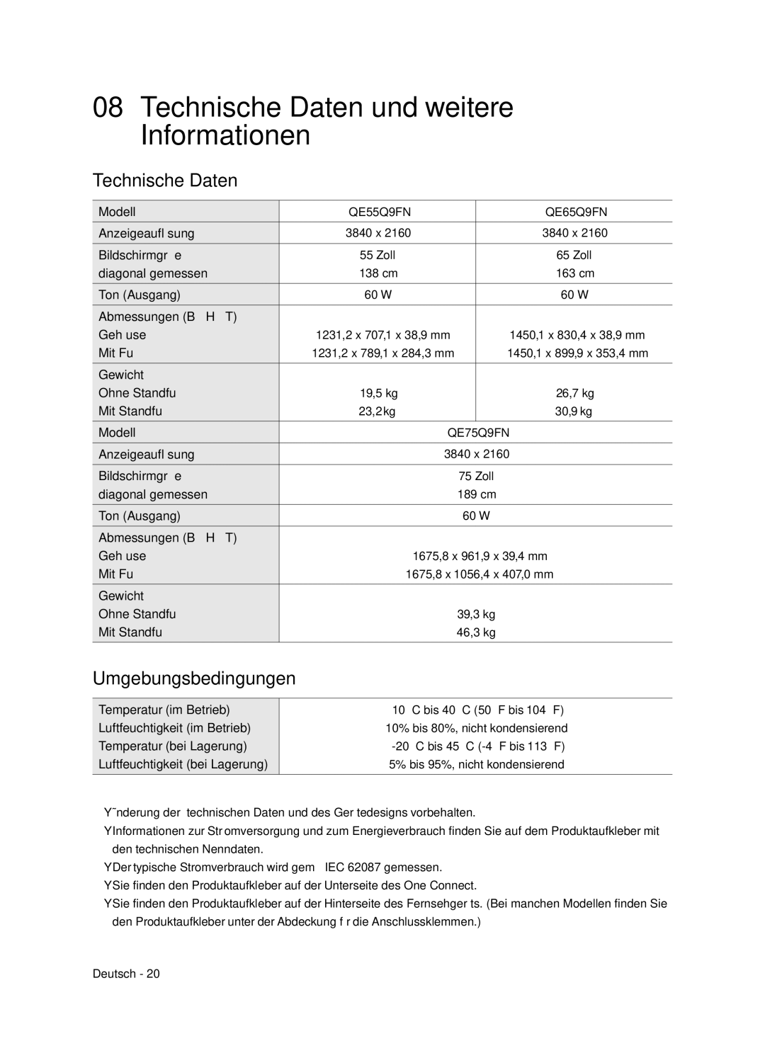 Samsung QE55Q9FNATXXH, QE65Q9FNATXXH manual Technische Daten und weitere Informationen, Umgebungsbedingungen 