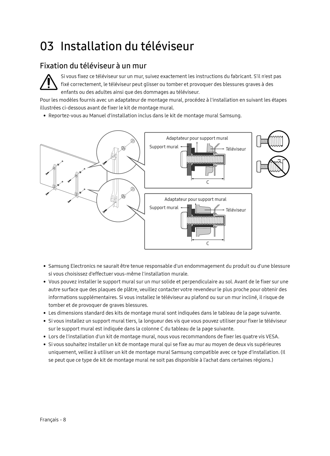 Samsung QE55Q9FNATXXH, QE65Q9FNATXXH manual Installation du téléviseur, Fixation du téléviseur à un mur 