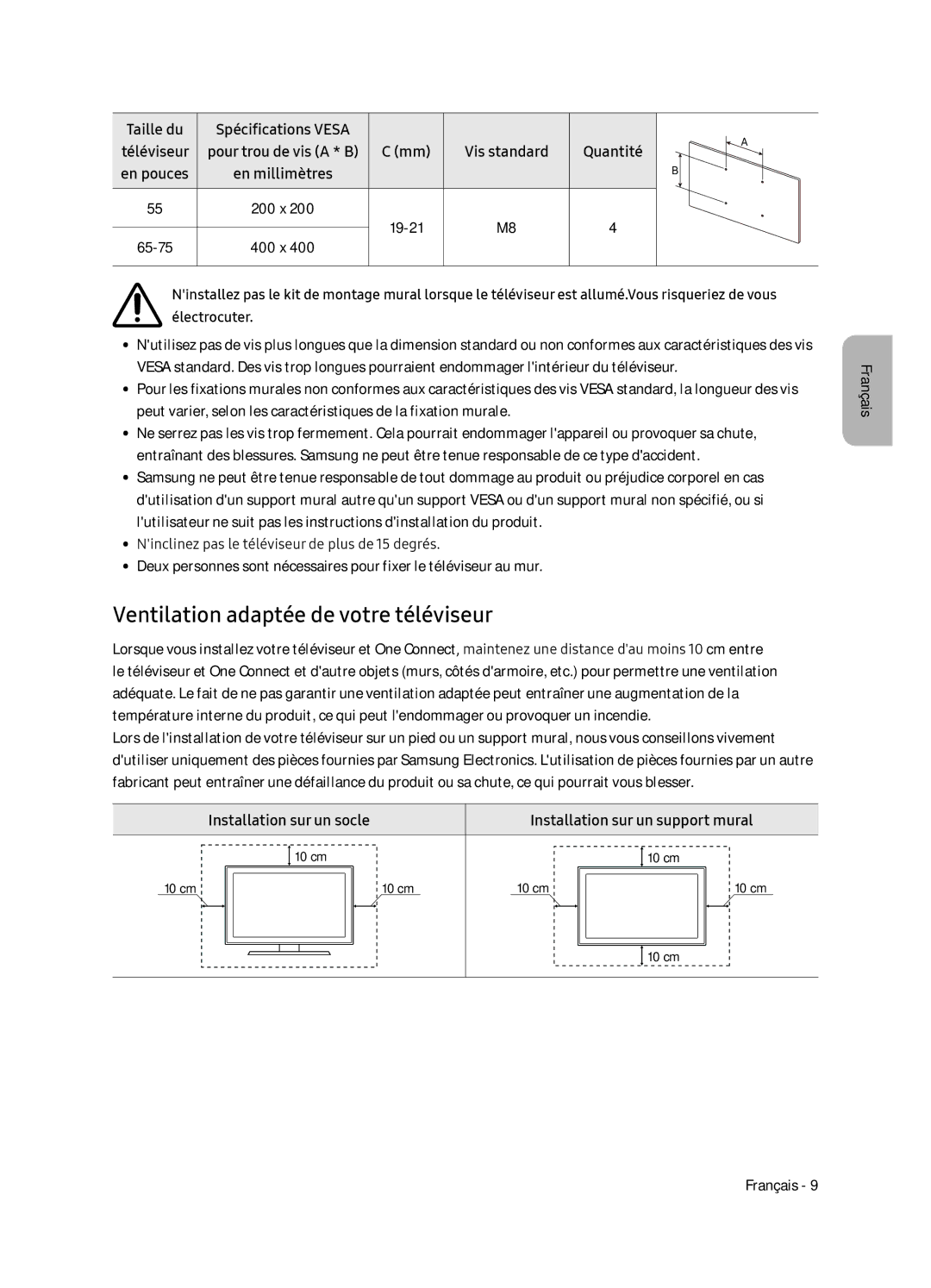 Samsung QE65Q9FNATXXH Ventilation adaptée de votre téléviseur, Installation sur un socle Installation sur un support mural 