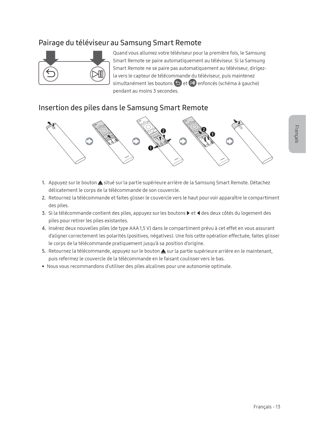 Samsung QE65Q9FNATXXH Pairage du téléviseur au Samsung Smart Remote, Insertion des piles dans le Samsung Smart Remote 