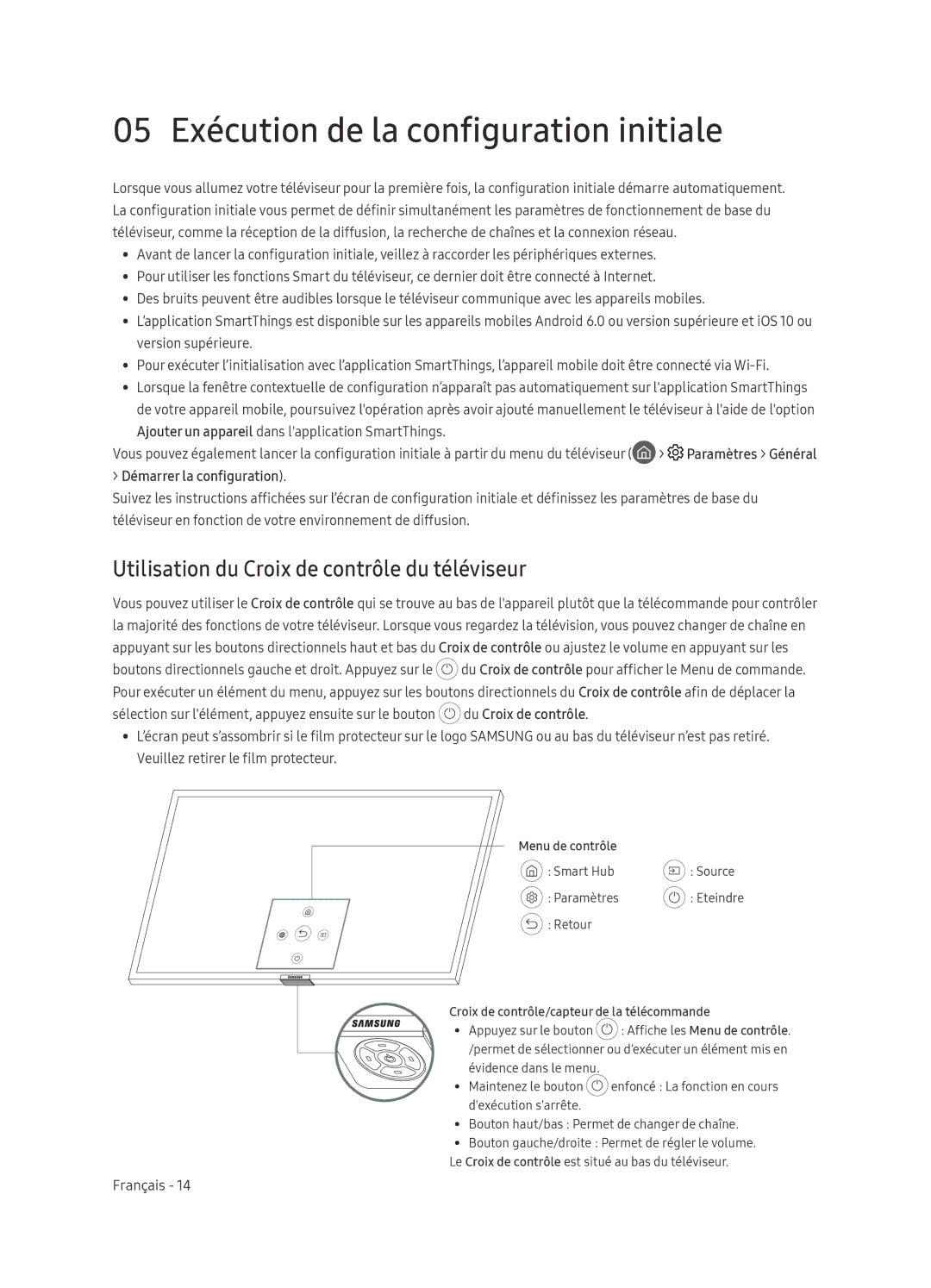 Samsung QE55Q9FNATXXH manual 05 Exécution de la configuration initiale, Utilisation du Croix de contrôle du téléviseur 