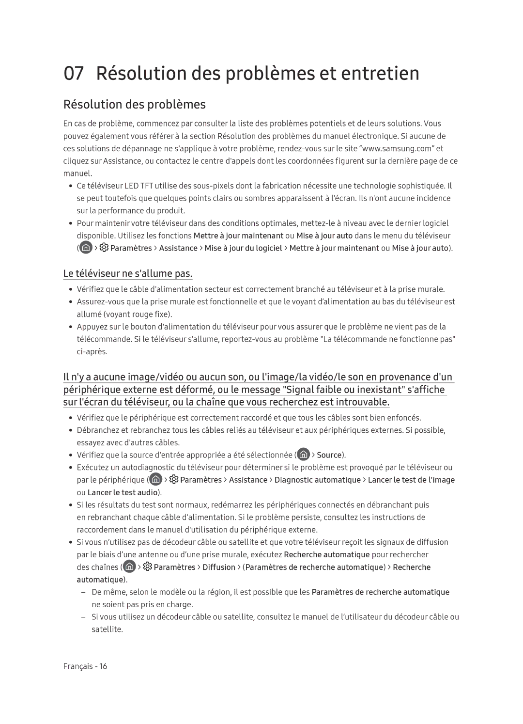 Samsung QE55Q9FNATXXH, QE65Q9FNATXXH manual 07 Résolution des problèmes et entretien, Le téléviseur ne sallume pas 