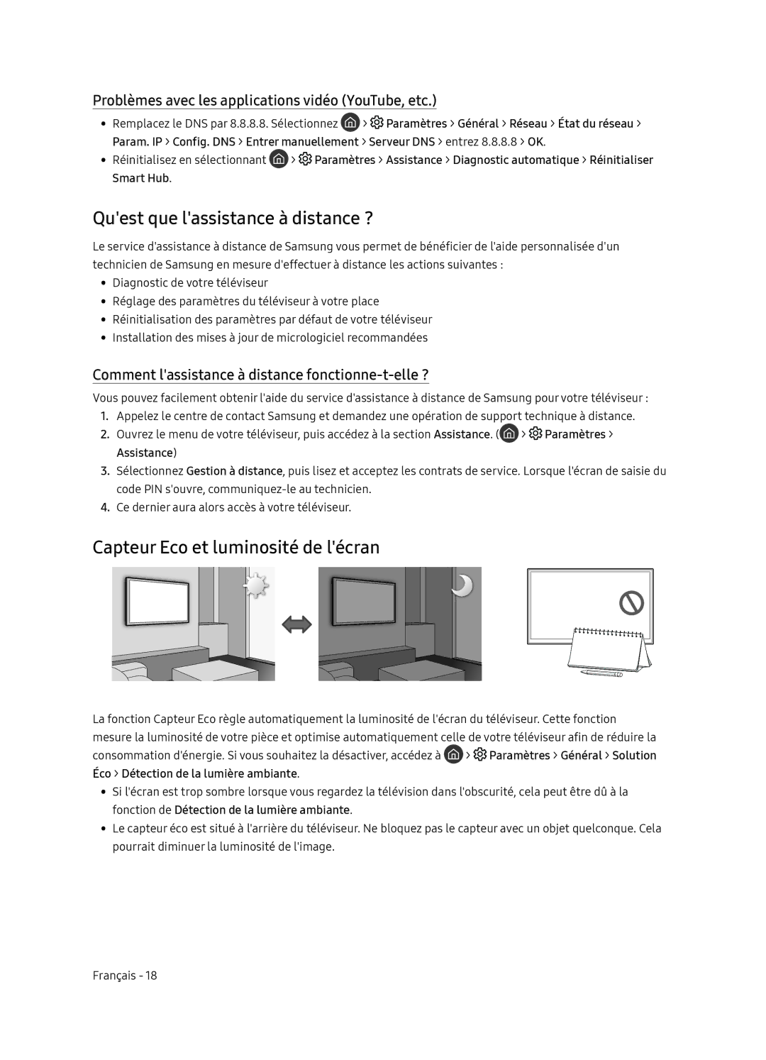 Samsung QE55Q9FNATXXH, QE65Q9FNATXXH manual Quest que lassistance à distance ?, Capteur Eco et luminosité de lécran 