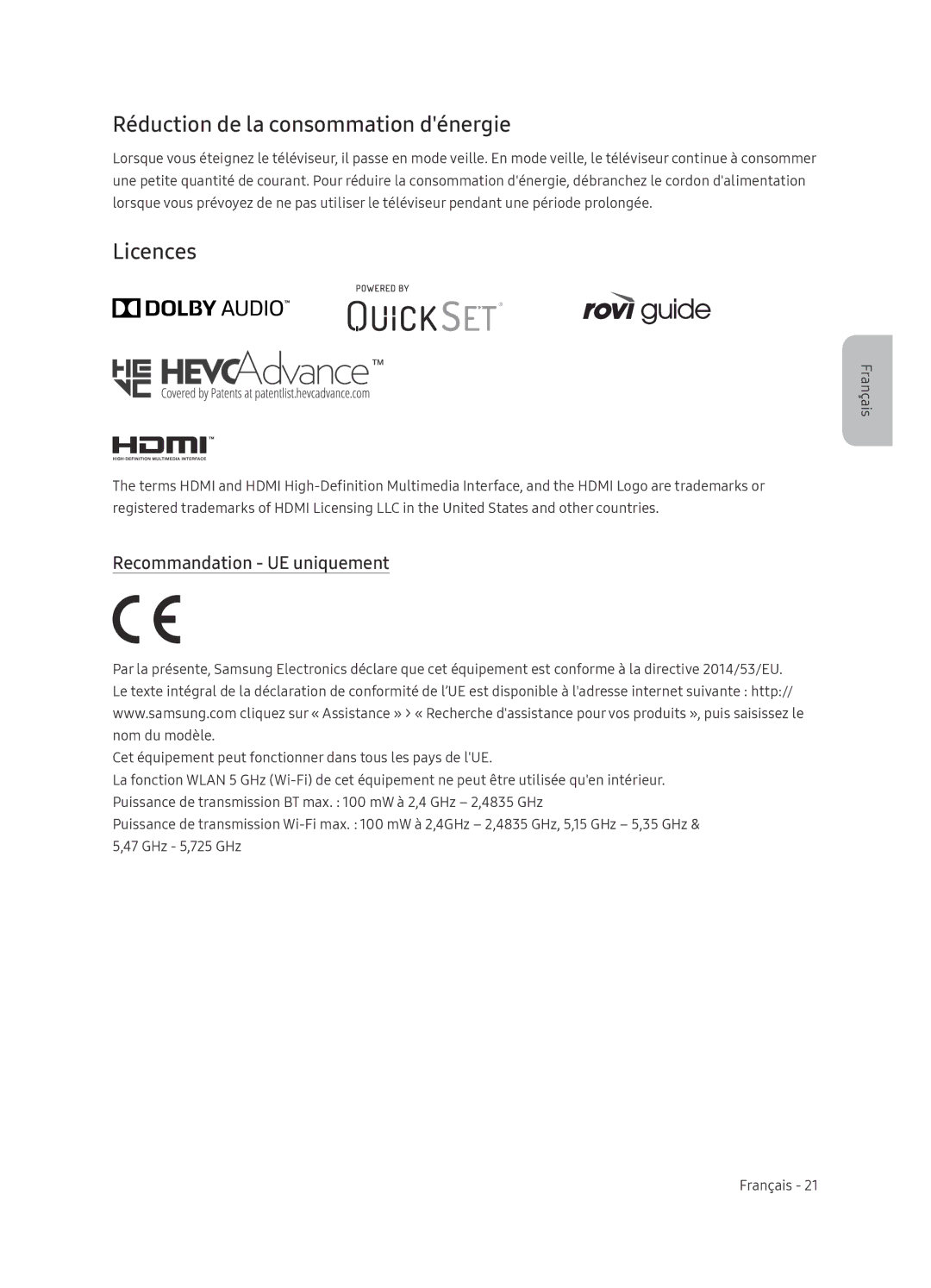 Samsung QE65Q9FNATXXH, QE55Q9FNATXXH manual Réduction de la consommation dénergie, Recommandation UE uniquement 